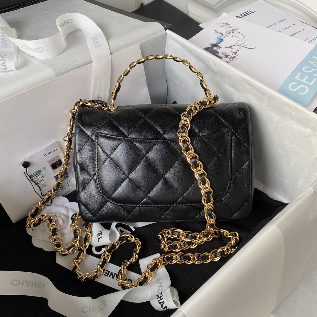 Bagsaaa Ch**el Flap Bag Gold Top Handle Black - 13X21X8cm