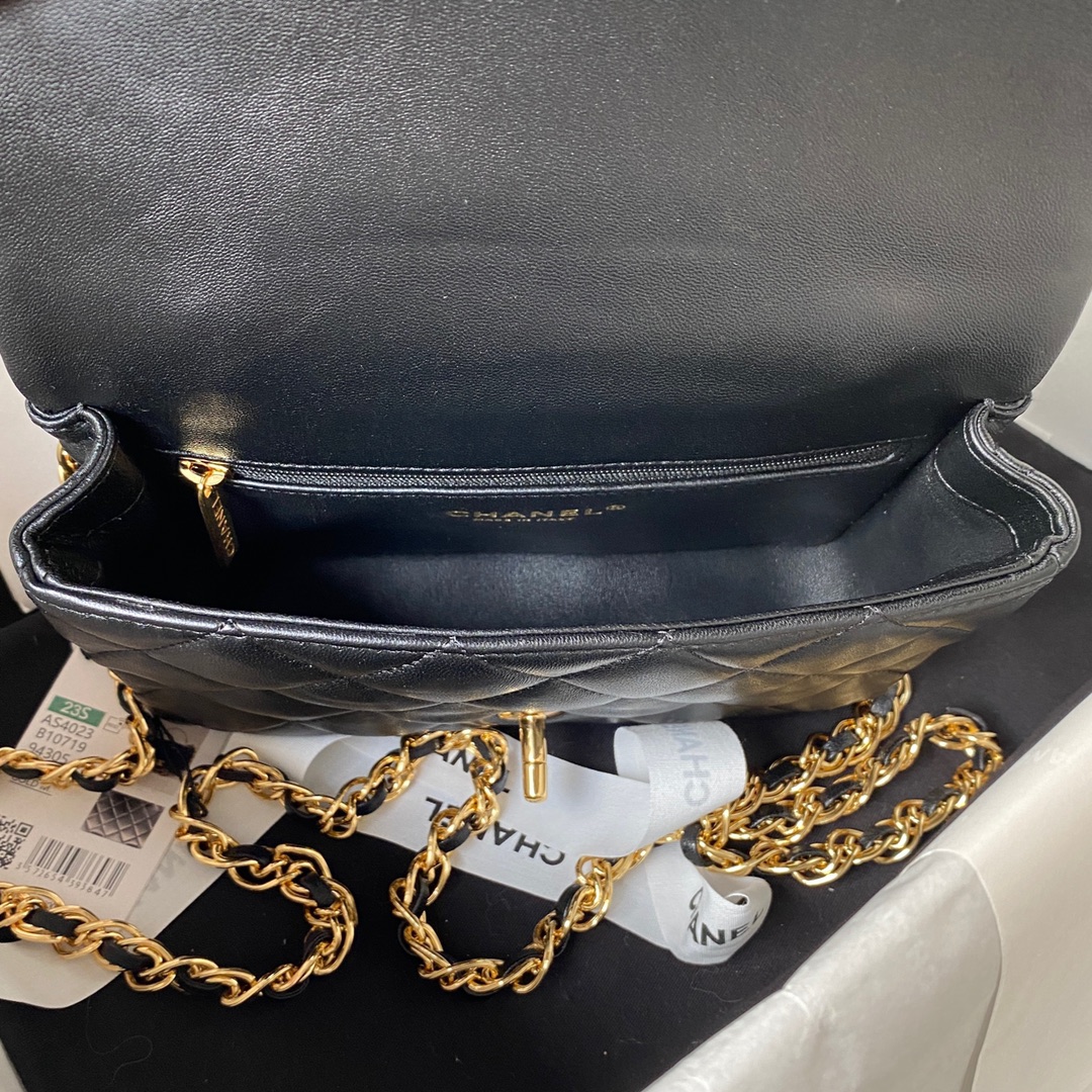 Bagsaaa Ch**el Flap Bag Gold Top Handle Black - 13X21X8cm