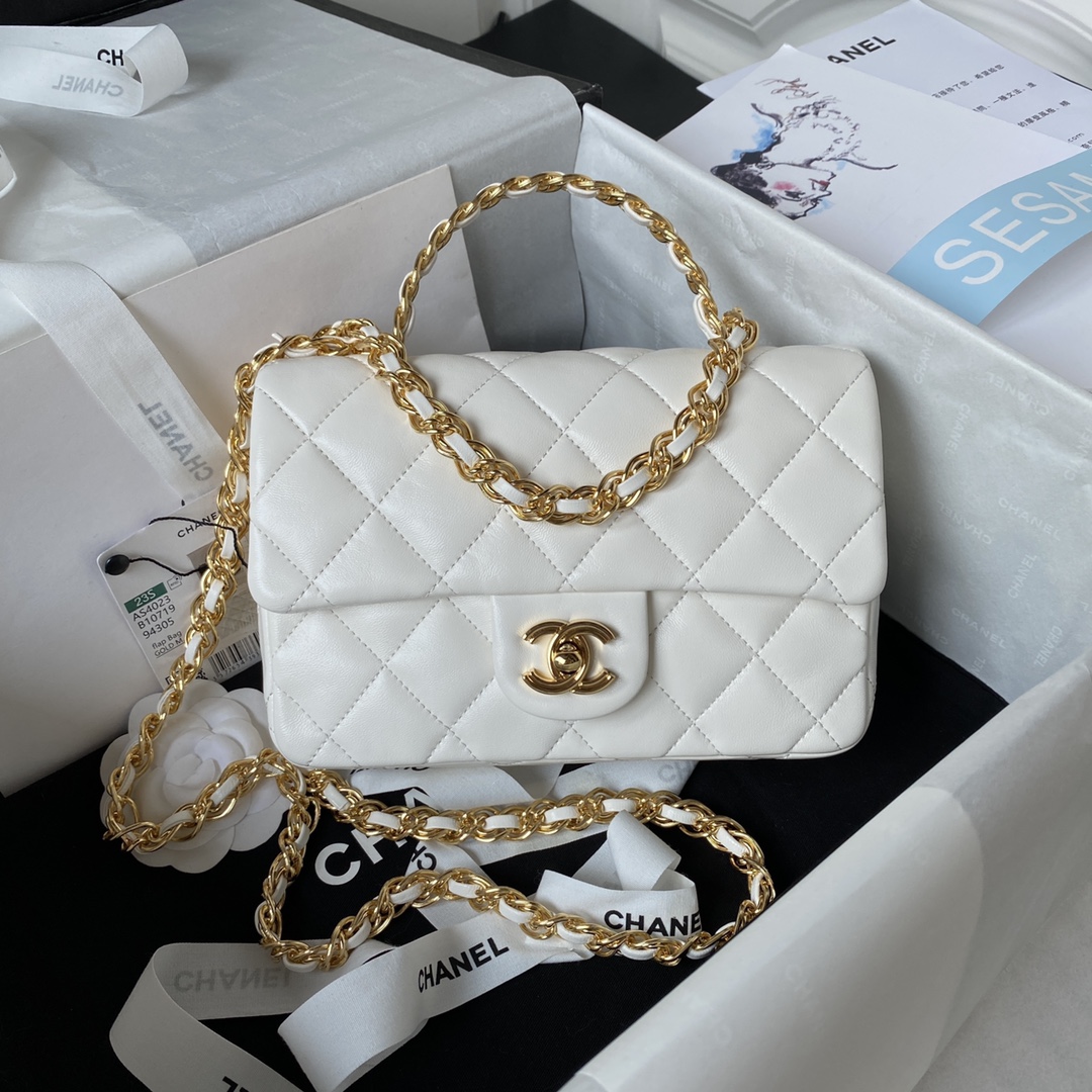 Bagsaaa Ch**el Flap Bag Gold Top Handle White - 13X21X8cm