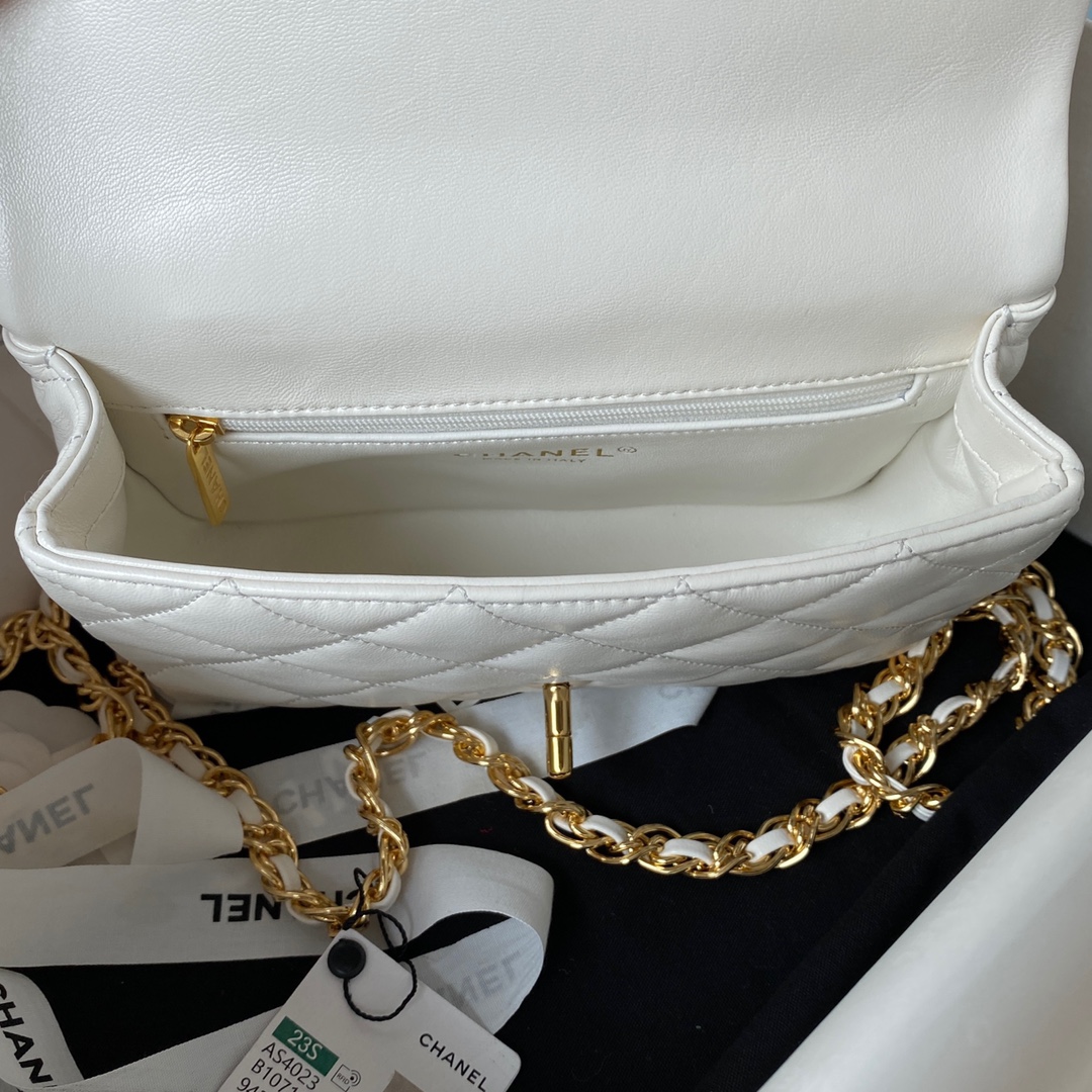 Bagsaaa Ch**el Flap Bag Gold Top Handle White - 13X21X8cm