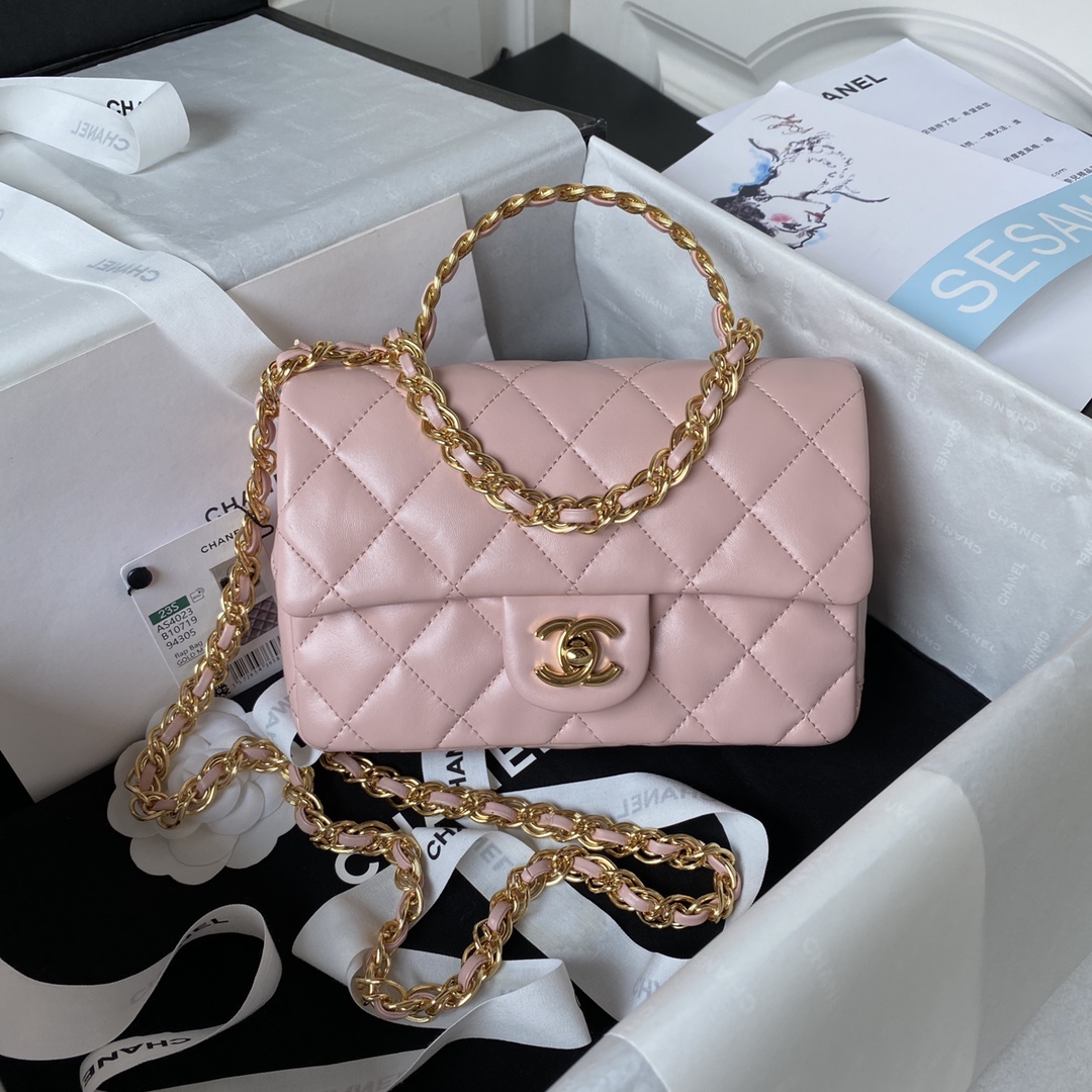 Bagsaaa Ch**el Flap Bag Gold Top Handle Pink- 13X21X8cm