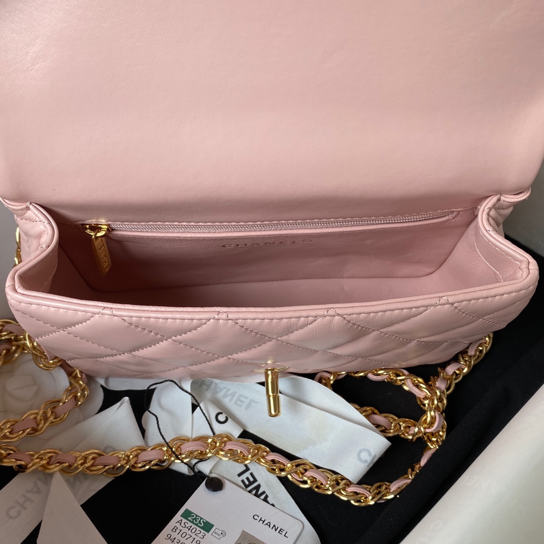 Bagsaaa Ch**el Flap Bag Gold Top Handle Pink- 13X21X8cm