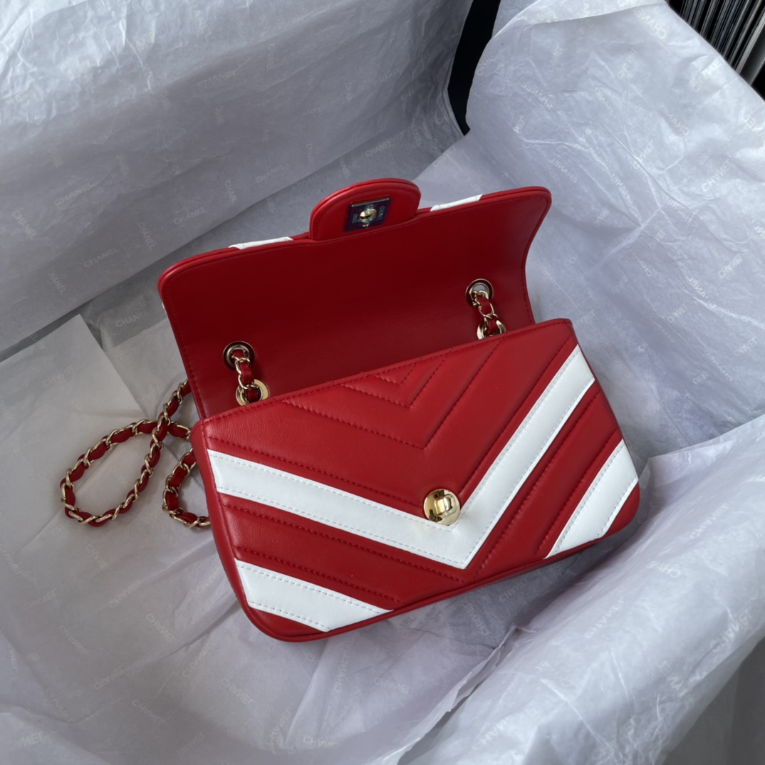 Bagsaaa Ch**el Flap Bag Chevron Red and White - 20*13*5cm