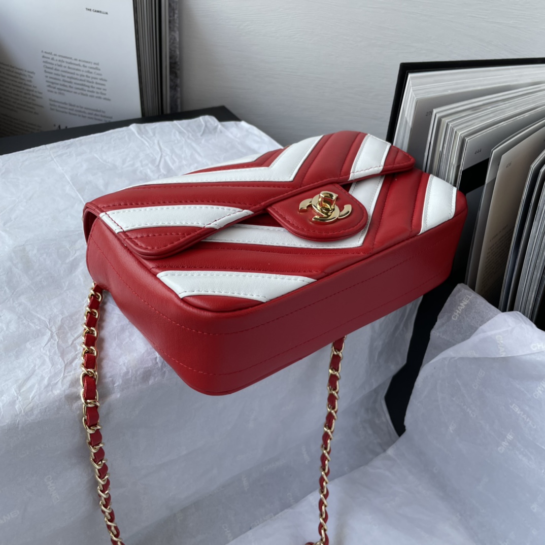 Bagsaaa Ch**el Flap Bag Chevron Red and White - 20*13*5cm