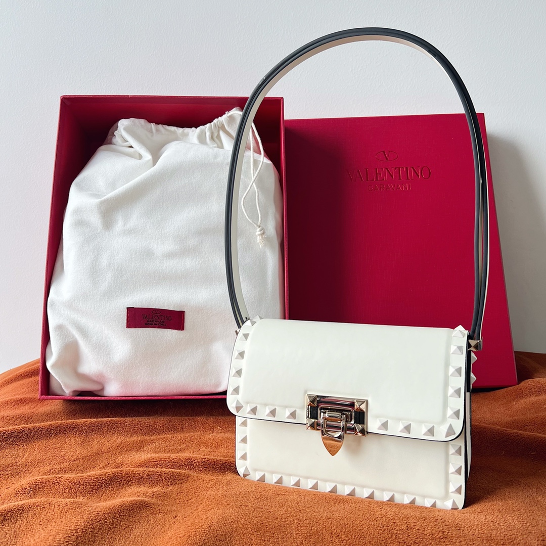 Bagsaaa Va1e*ntin0 Garavani Rockstud Shoulder White Bag - 18.5x12x8cm