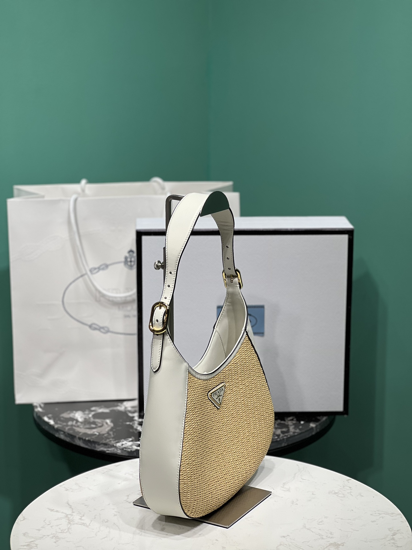 Bagsaaa Pra*a Fabric and leather shoulder white/tan bag - 26x17x4.5cm