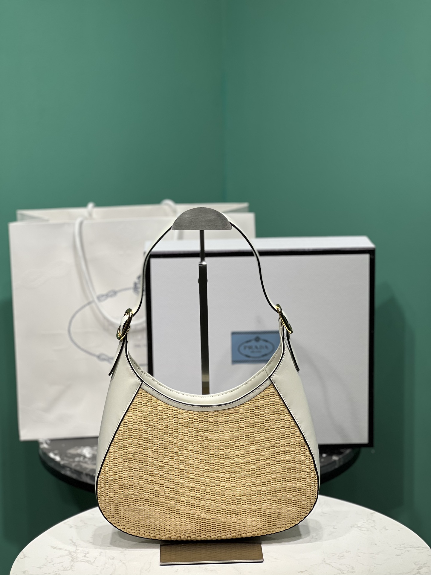 Bagsaaa Pra*a Fabric and leather shoulder white/tan bag - 26x17x4.5cm