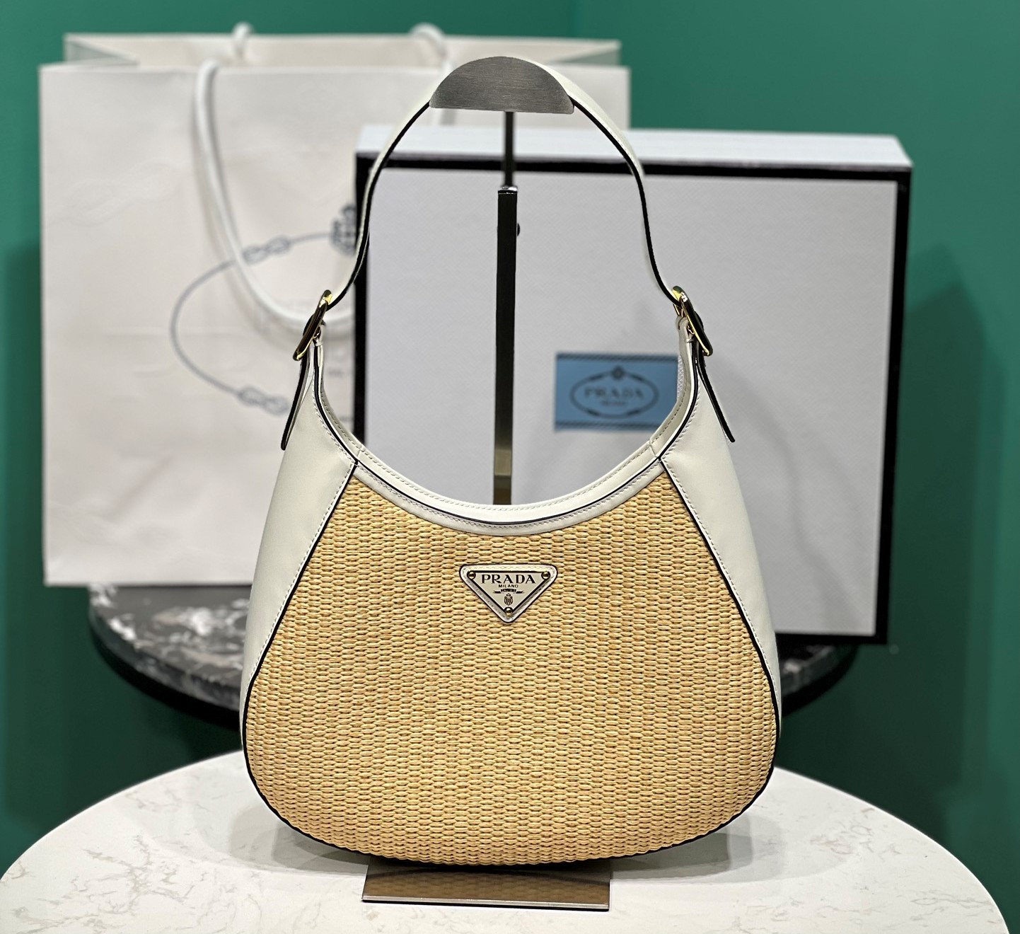 Bagsaaa Pra*a Fabric and leather shoulder white/tan bag - 26x17x4.5cm