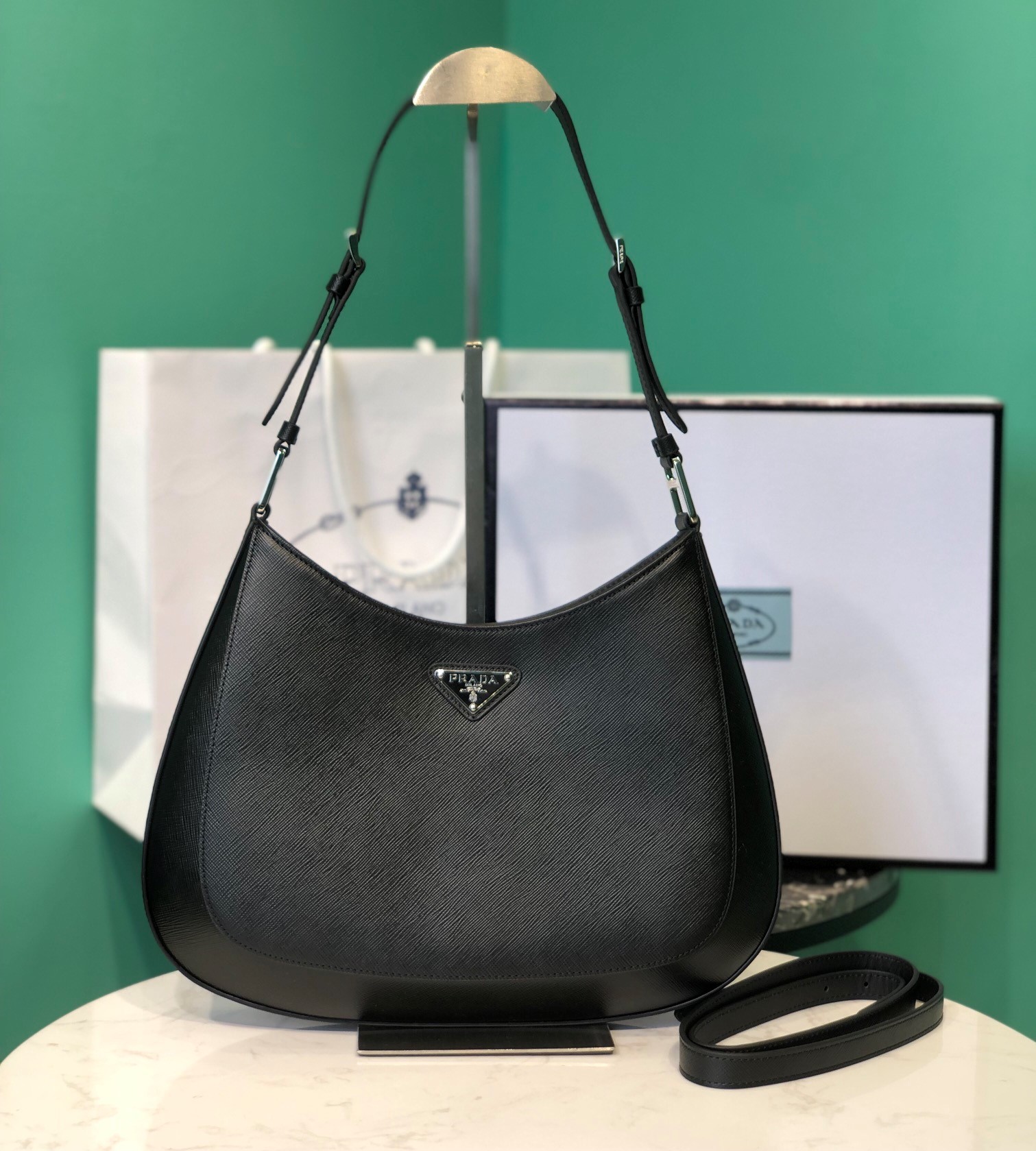 Bagsaaa Pra*a Hobo Saffiano Black Bag - 18.5x4x30cm