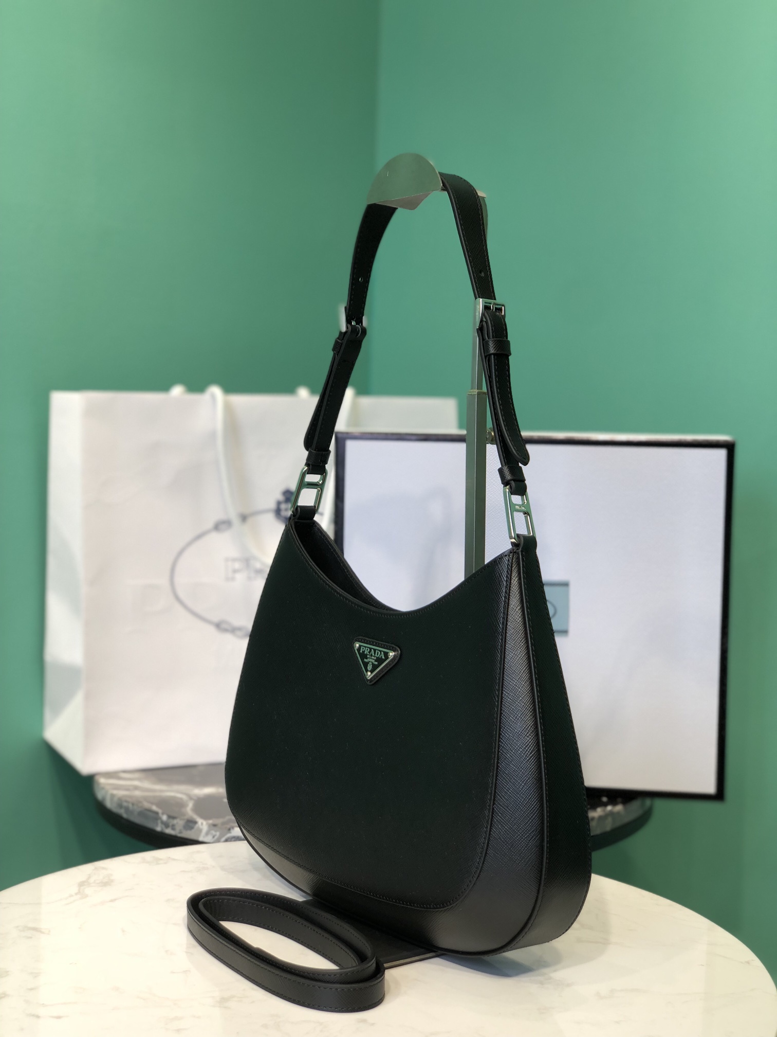 Bagsaaa Pra*a Hobo Saffiano Black Bag - 18.5x4x30cm