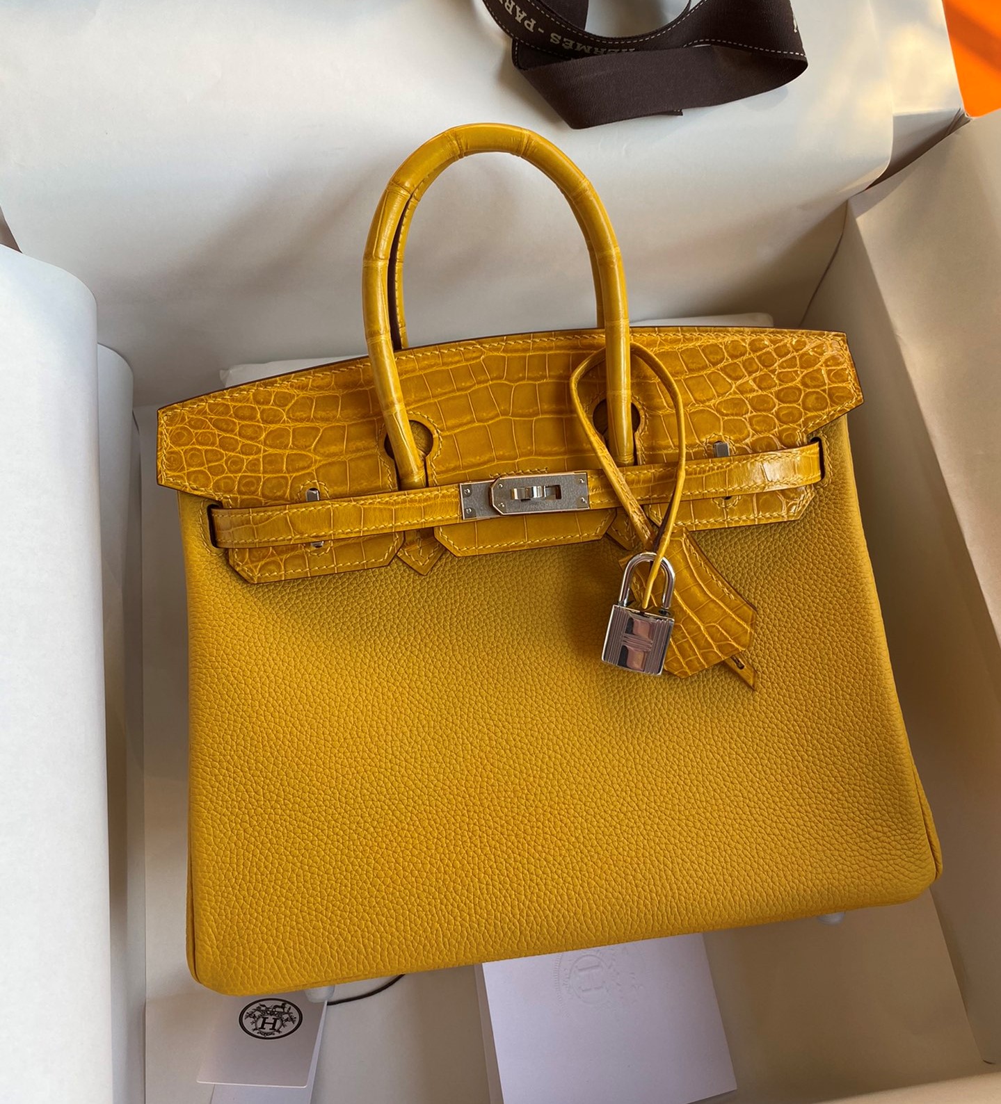 Bagsaaa H**me5 Birkin Touch Togo Leather and Shiny Niloticus Crocodile Amber - 25cm