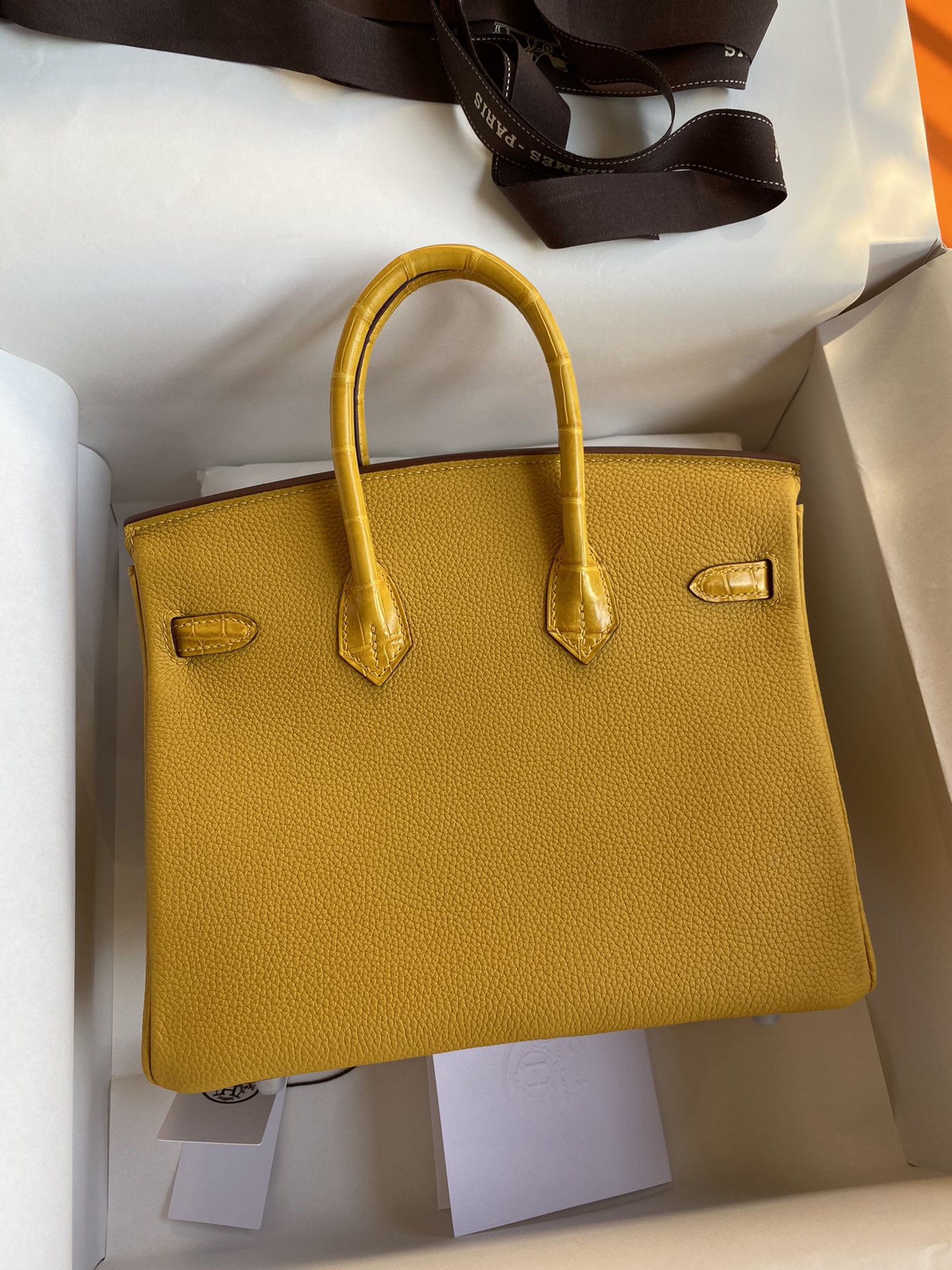 Bagsaaa H**me5 Birkin Touch Togo Leather and Shiny Niloticus Crocodile Amber - 25cm