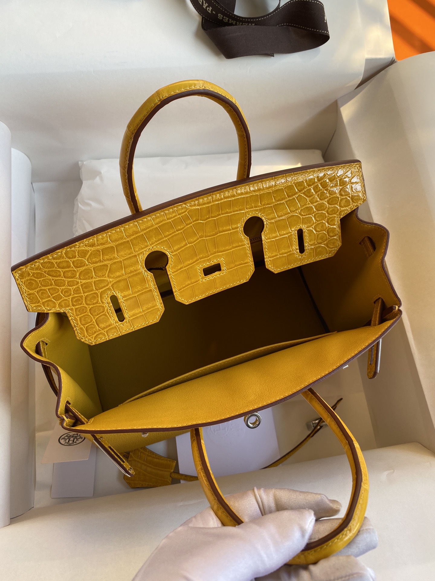 Bagsaaa H**me5 Birkin Touch Togo Leather and Shiny Niloticus Crocodile Amber - 25cm