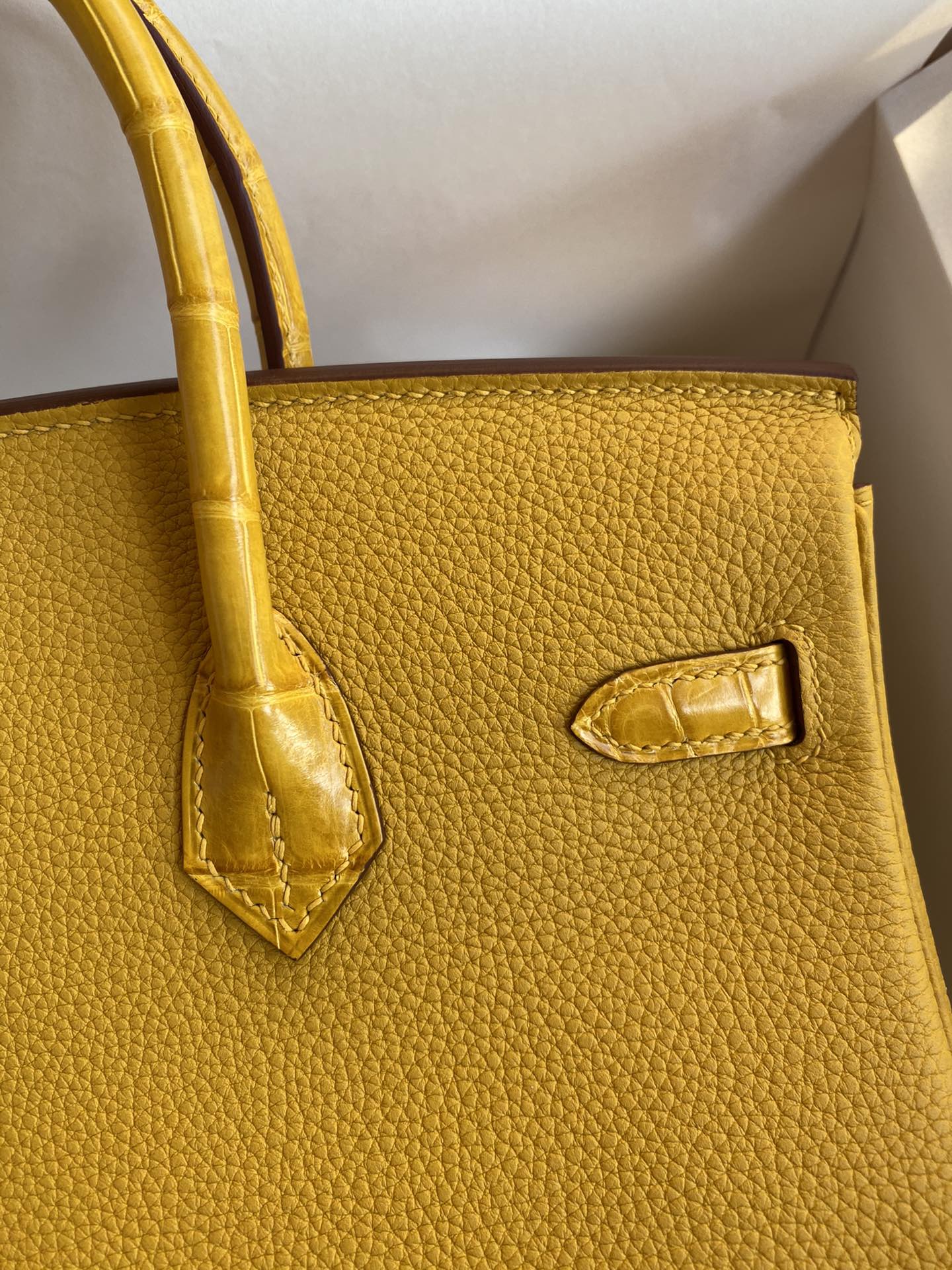 Bagsaaa H**me5 Birkin Touch Togo Leather and Shiny Niloticus Crocodile Amber - 25cm