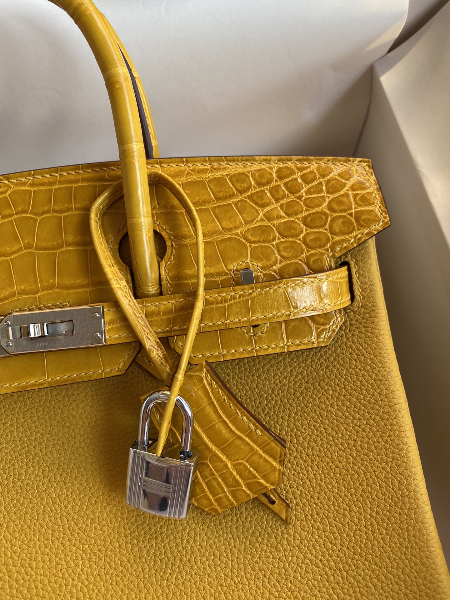 Bagsaaa H**me5 Birkin Touch Togo Leather and Shiny Niloticus Crocodile Amber - 25cm