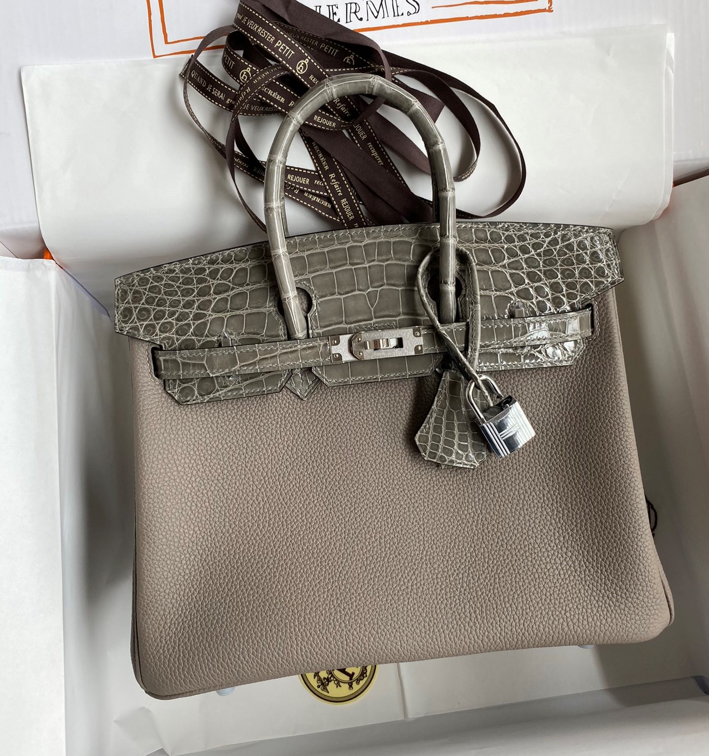 Bagsaaa H**me5 Birkin Touch Togo Leather and Shiny Niloticus Crocodile Dark Grey - 25cm