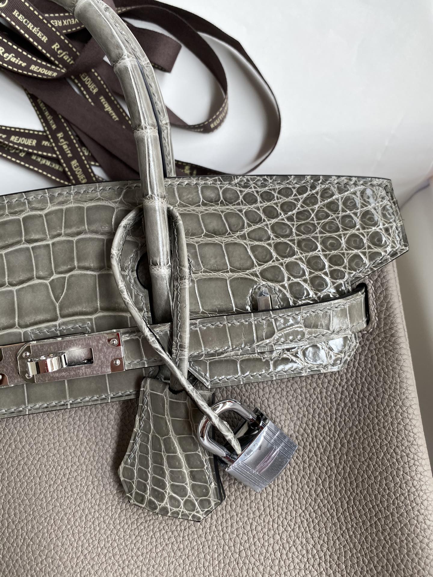 Bagsaaa H**me5 Birkin Touch Togo Leather and Shiny Niloticus Crocodile Dark Grey - 25cm