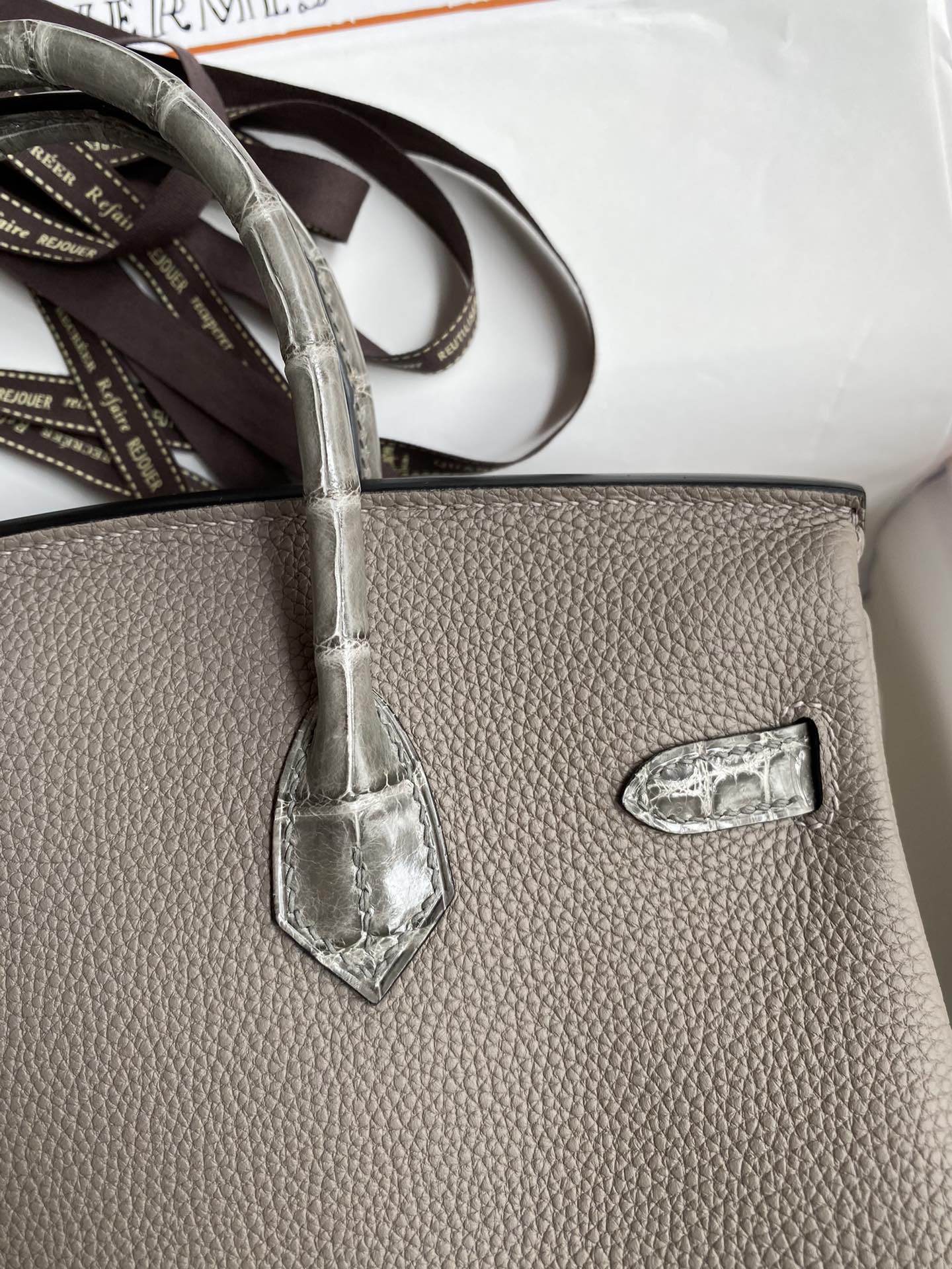 Bagsaaa H**me5 Birkin Touch Togo Leather and Shiny Niloticus Crocodile Dark Grey - 25cm