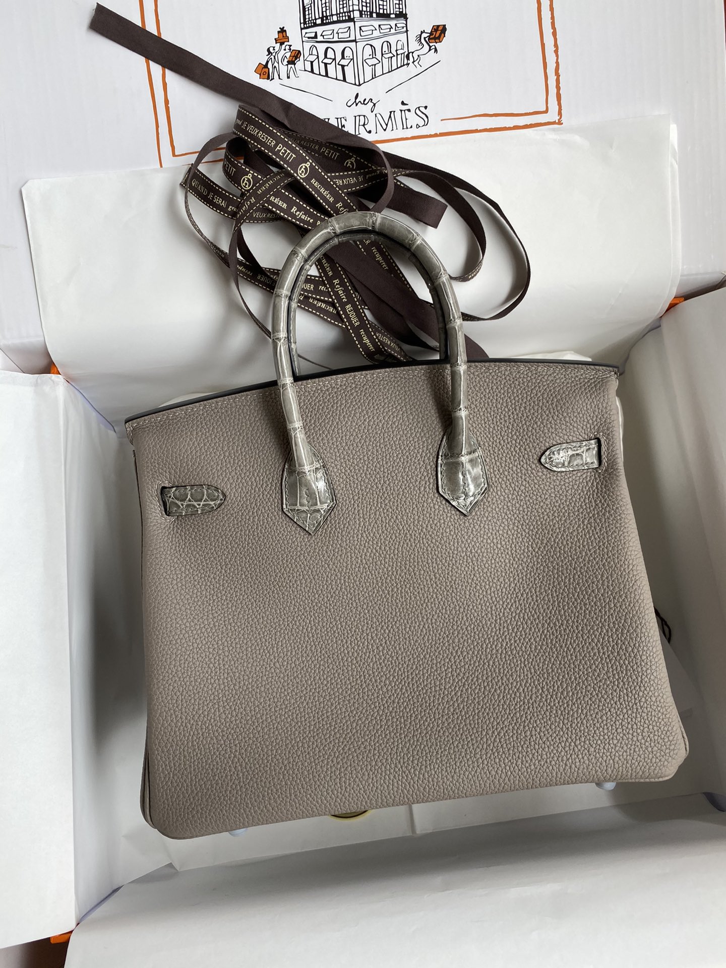 Bagsaaa H**me5 Birkin Touch Togo Leather and Shiny Niloticus Crocodile Dark Grey - 25cm
