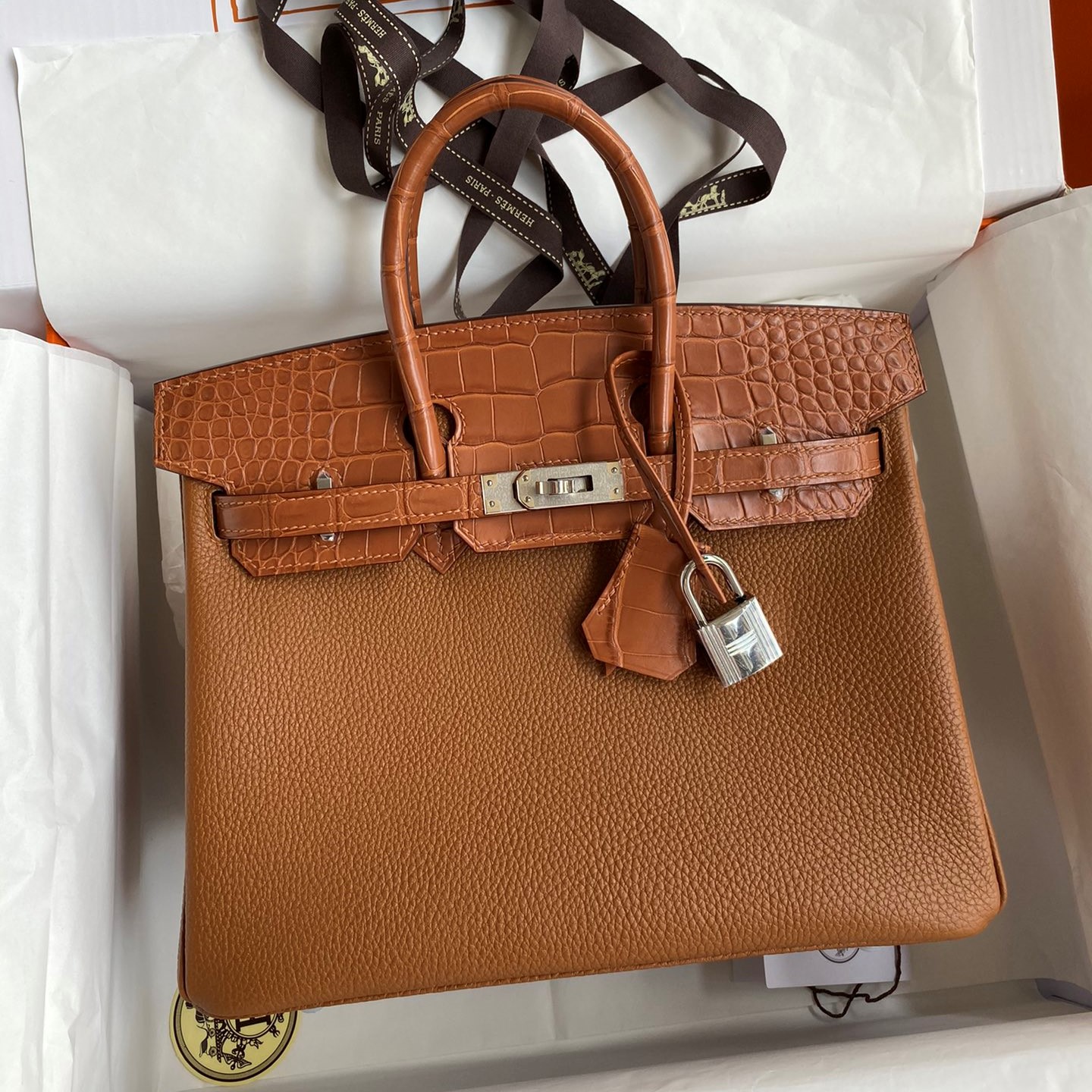 Bagsaaa H**me5 Birkin Touch Togo Leather and Shiny Niloticus Crocodile Brown - 25cm