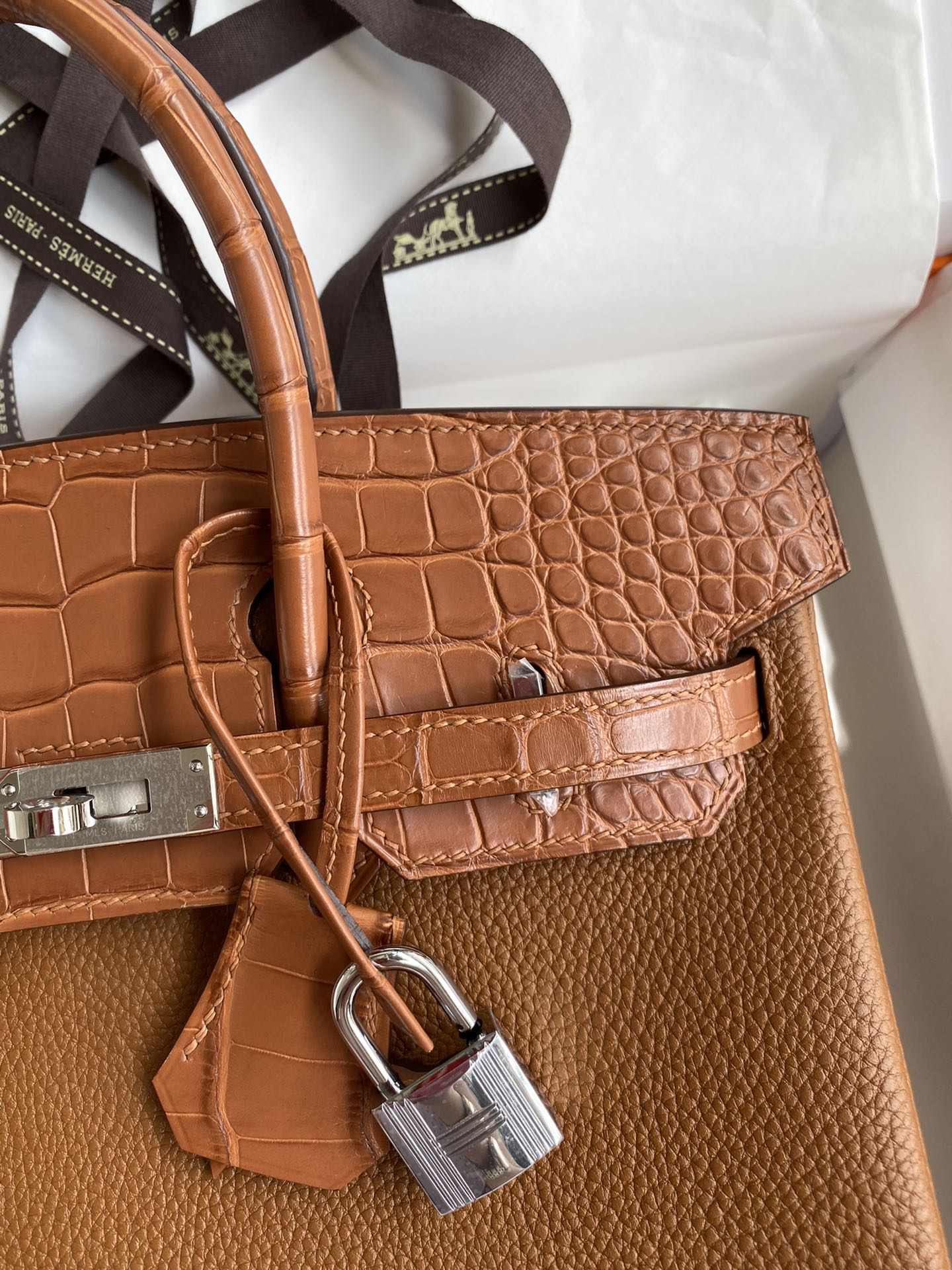 Bagsaaa H**me5 Birkin Touch Togo Leather and Shiny Niloticus Crocodile Brown - 25cm