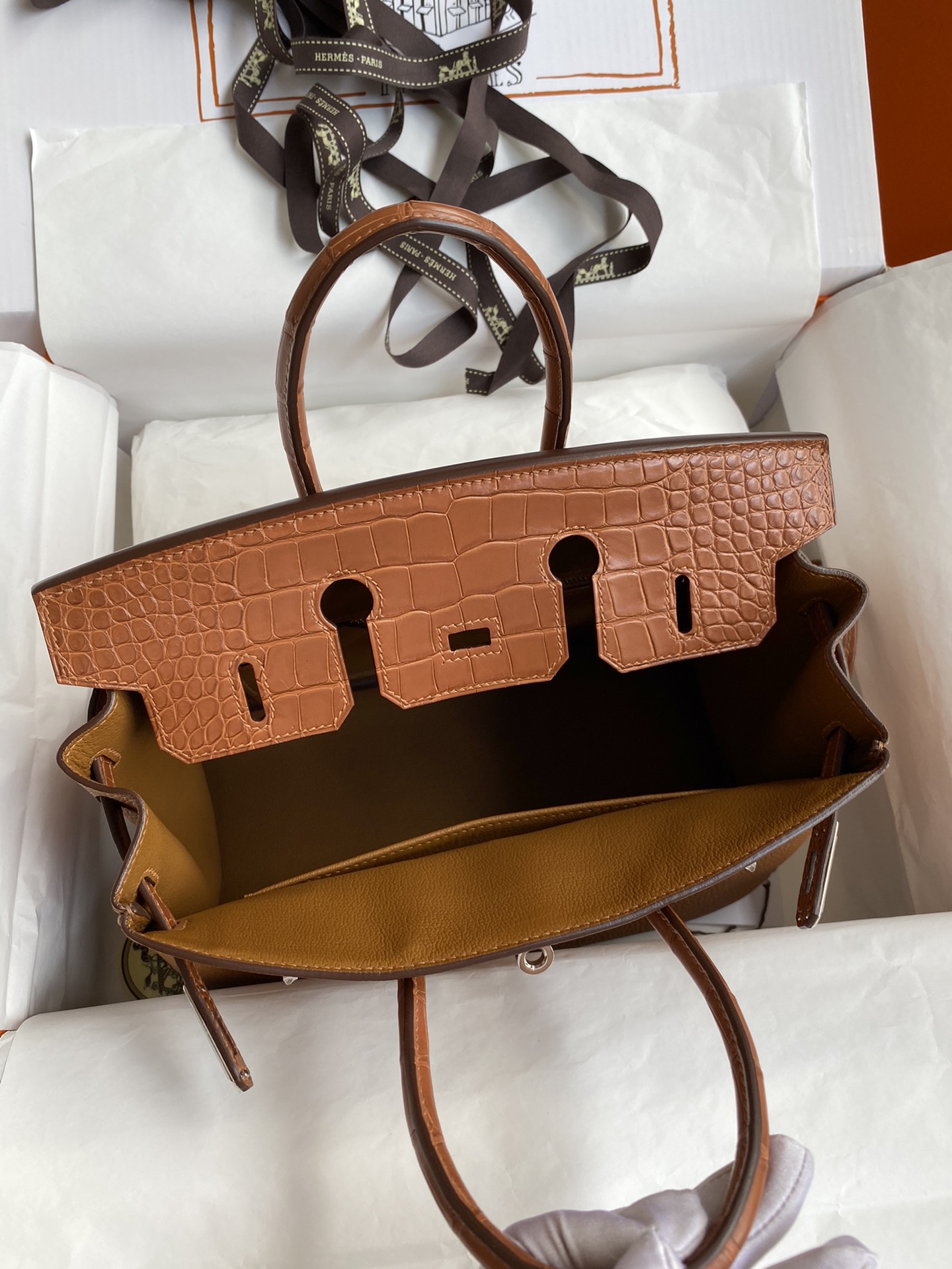 Bagsaaa H**me5 Birkin Touch Togo Leather and Shiny Niloticus Crocodile Brown - 25cm
