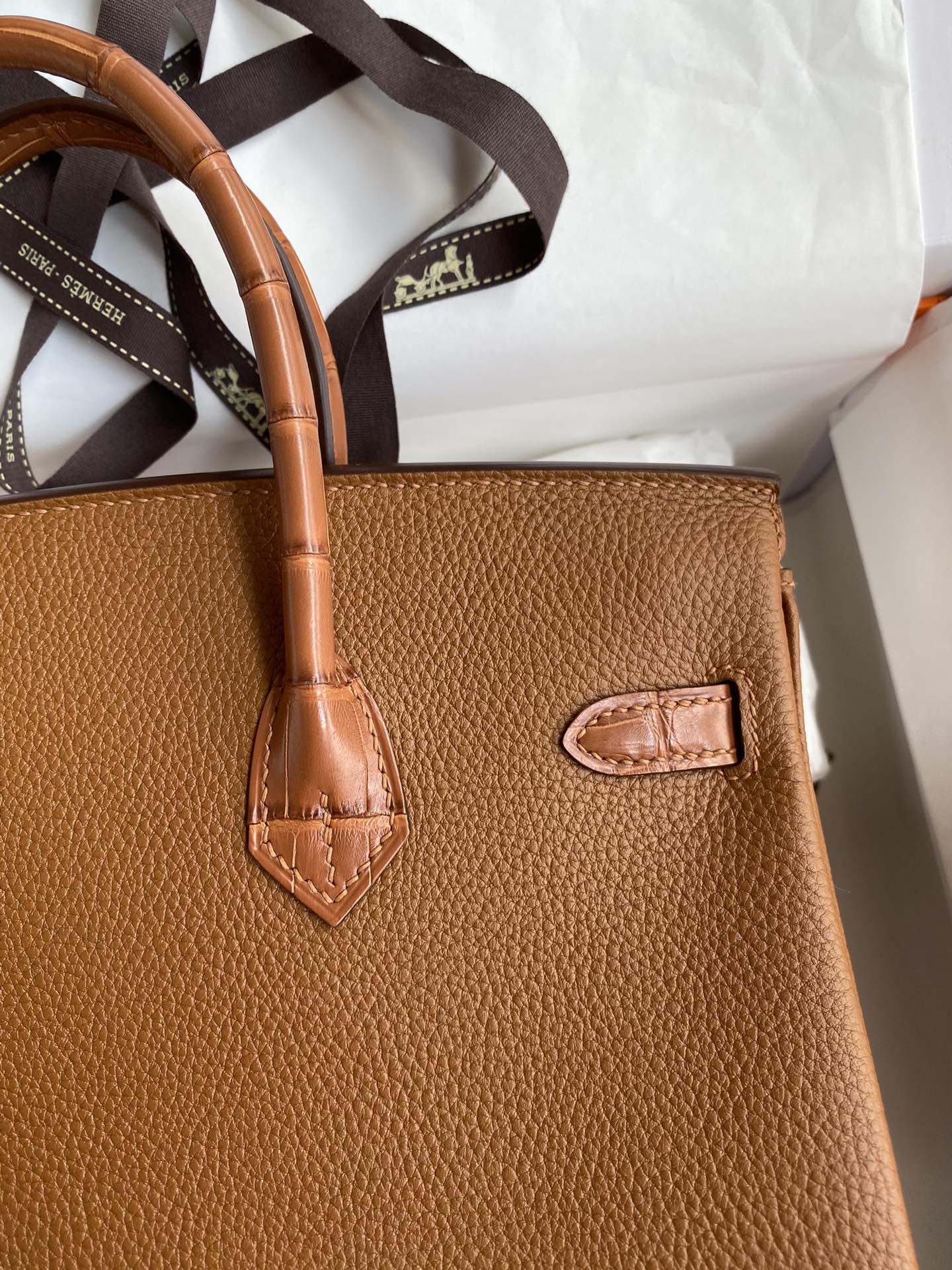 Bagsaaa H**me5 Birkin Touch Togo Leather and Shiny Niloticus Crocodile Brown - 25cm