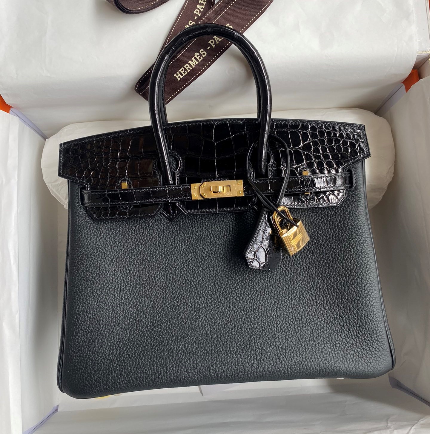 Bagsaaa H**me5 Birkin Touch Togo Leather and Shiny Niloticus Crocodile Black - 25cm