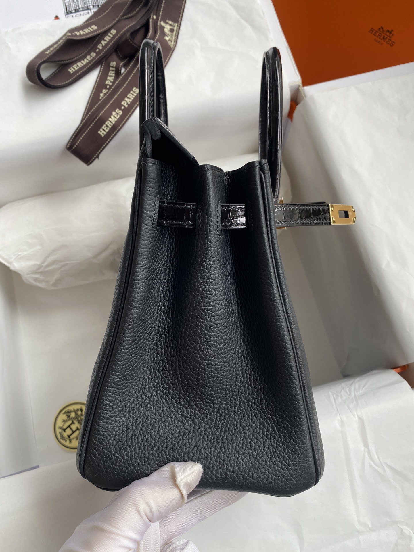 Bagsaaa H**me5 Birkin Touch Togo Leather and Shiny Niloticus Crocodile Black - 25cm