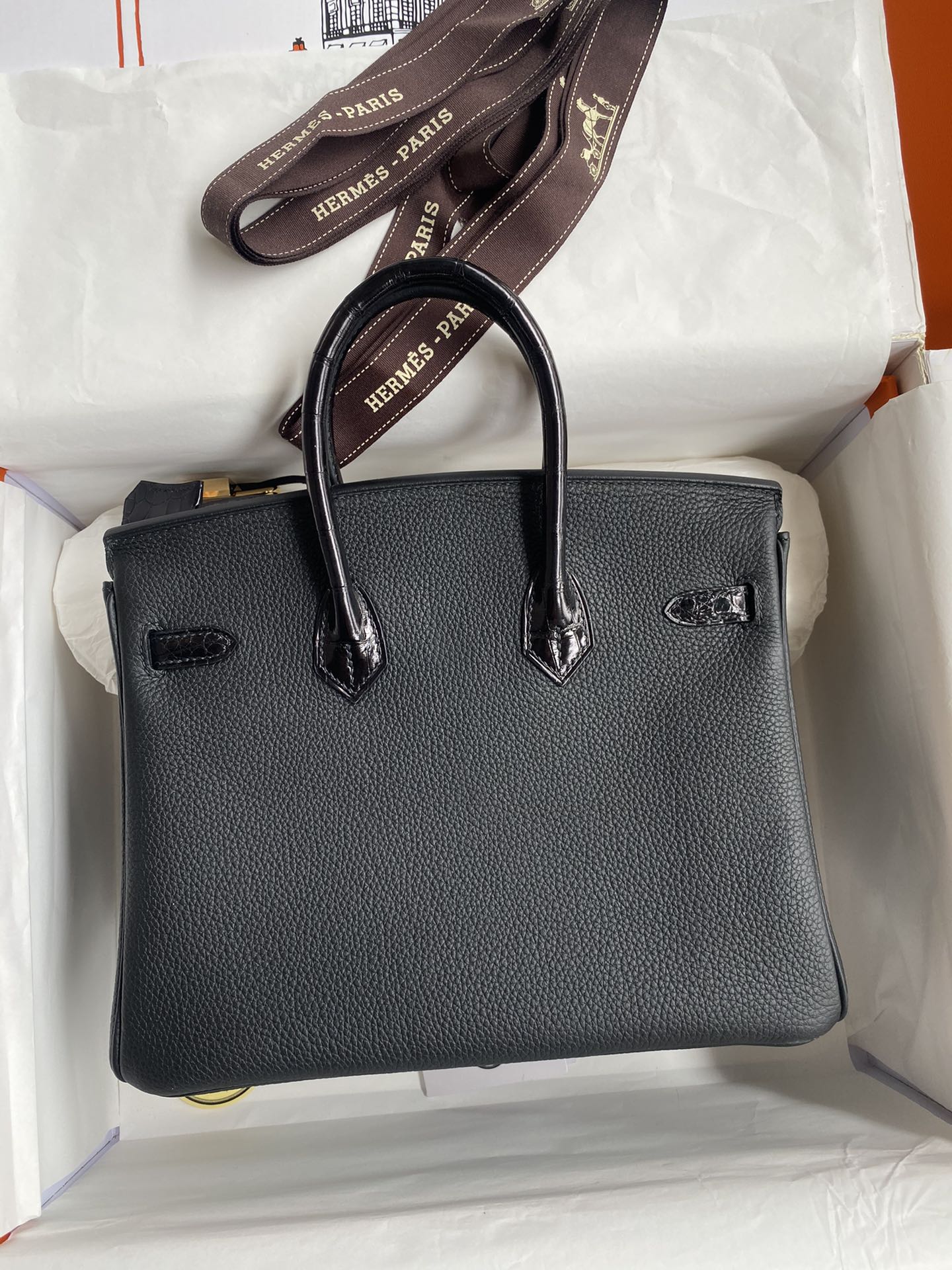 Bagsaaa H**me5 Birkin Touch Togo Leather and Shiny Niloticus Crocodile Black - 25cm