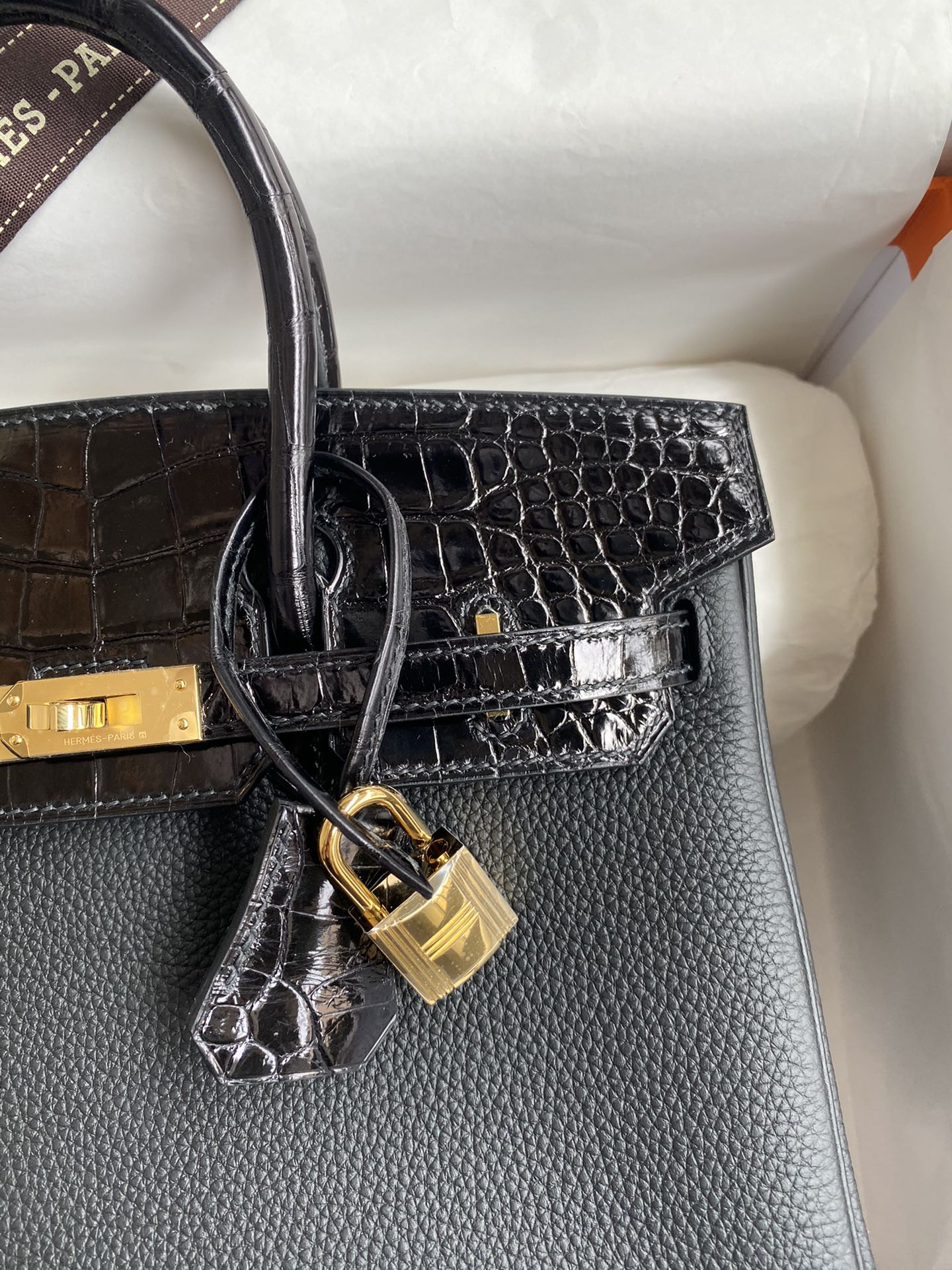 Bagsaaa H**me5 Birkin Touch Togo Leather and Shiny Niloticus Crocodile Black - 25cm