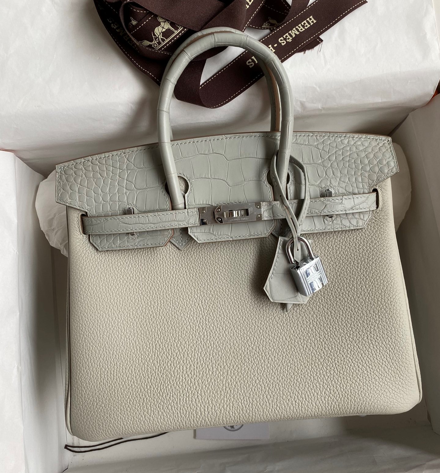 Bagsaaa H**me5 Birkin Touch Togo Leather and Shiny Niloticus Crocodile Light Grey - 25cm