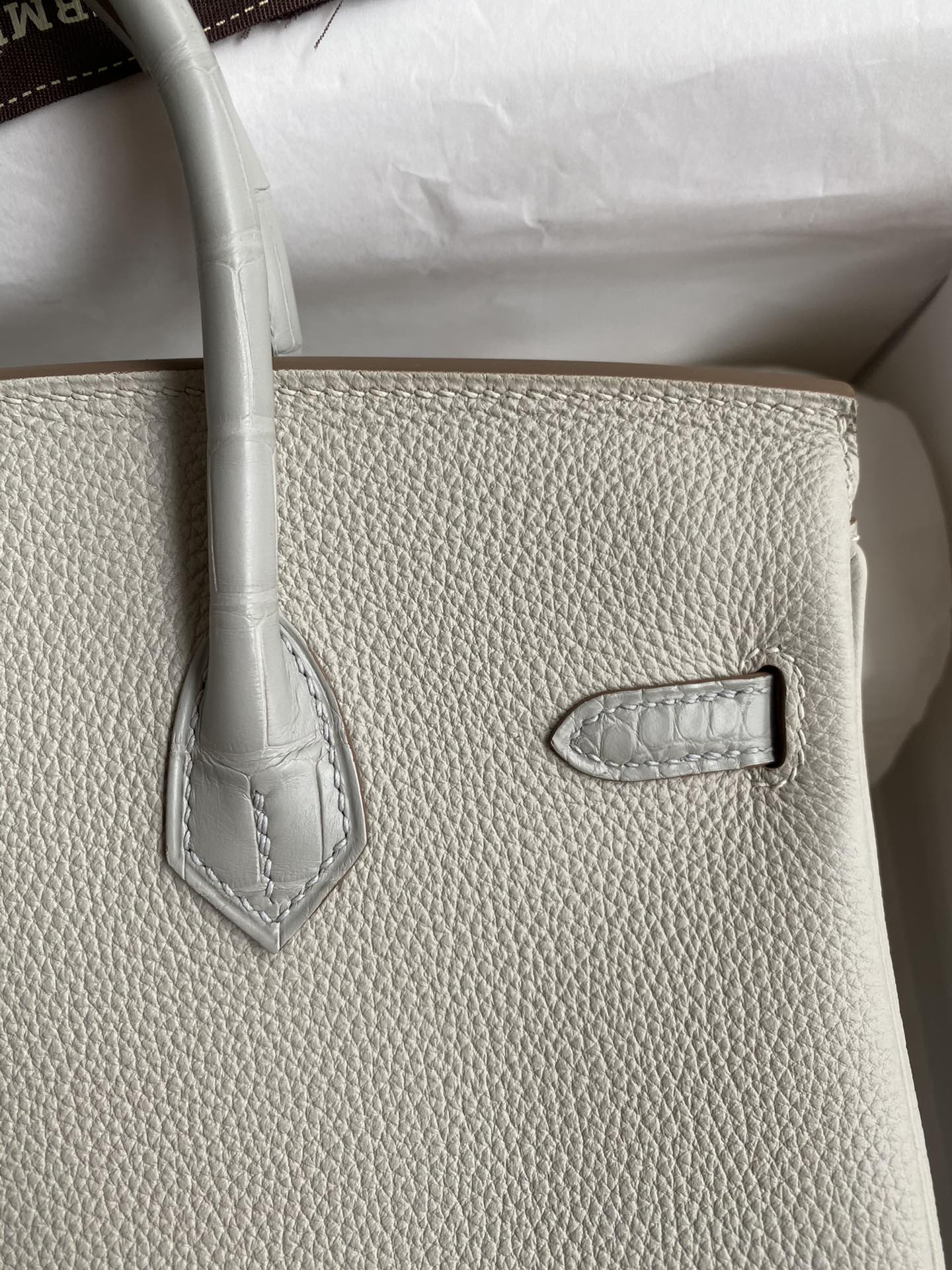 Bagsaaa H**me5 Birkin Touch Togo Leather and Shiny Niloticus Crocodile Light Grey - 25cm