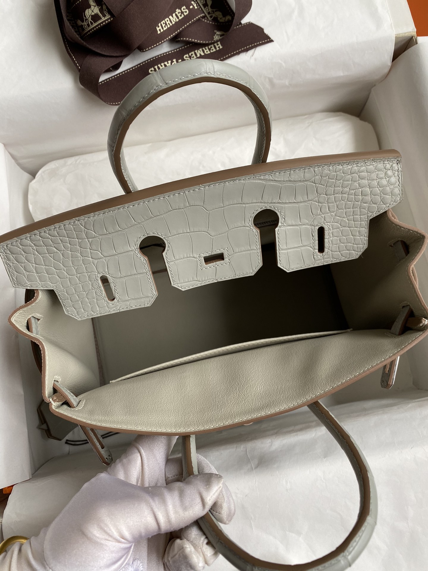 Bagsaaa H**me5 Birkin Touch Togo Leather and Shiny Niloticus Crocodile Light Grey - 25cm
