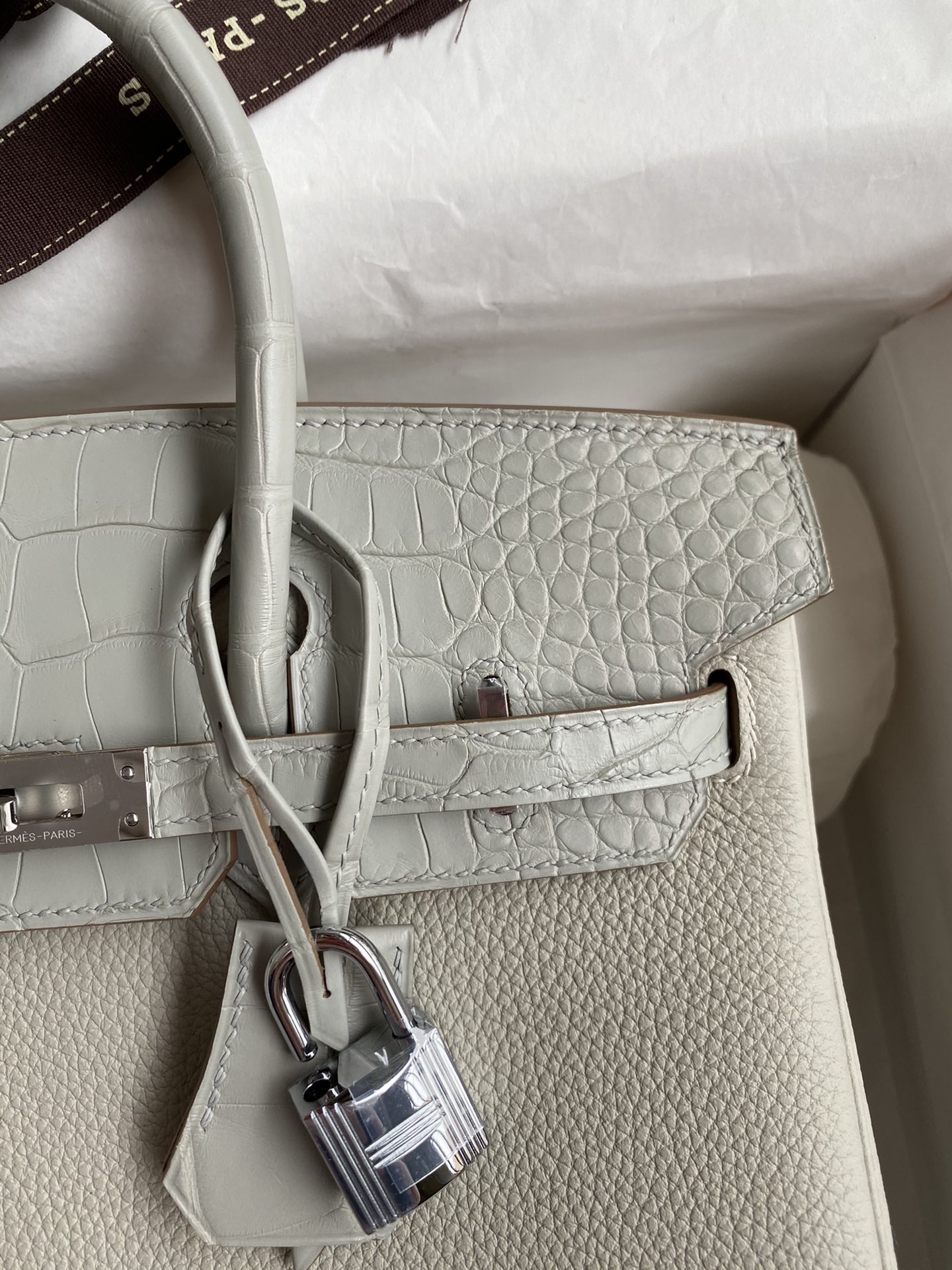 Bagsaaa H**me5 Birkin Touch Togo Leather and Shiny Niloticus Crocodile Light Grey - 25cm