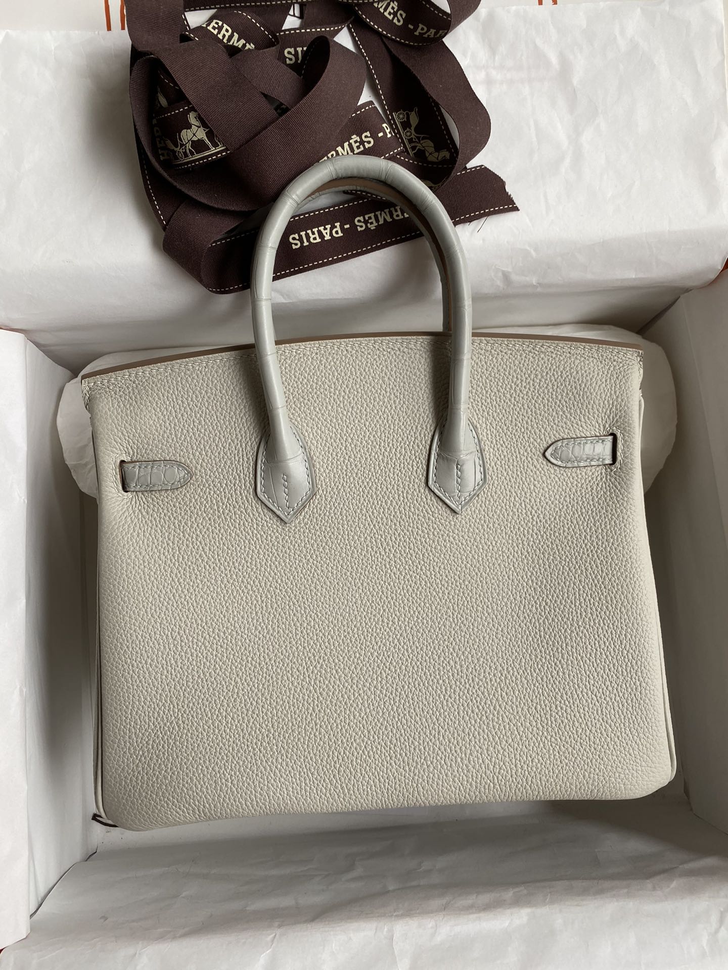 Bagsaaa H**me5 Birkin Touch Togo Leather and Shiny Niloticus Crocodile Light Grey - 25cm