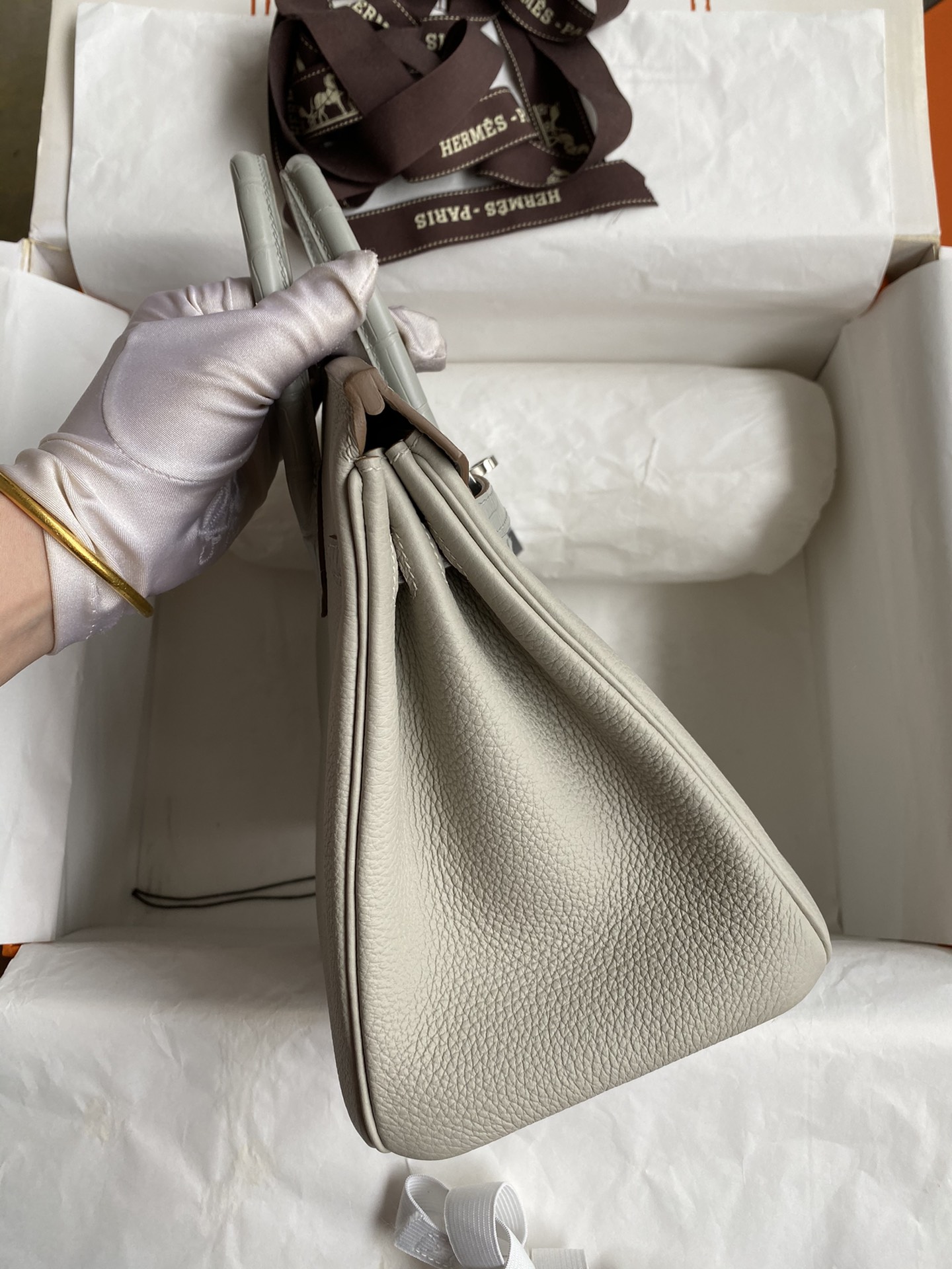 Bagsaaa H**me5 Birkin Touch Togo Leather and Shiny Niloticus Crocodile Light Grey - 25cm