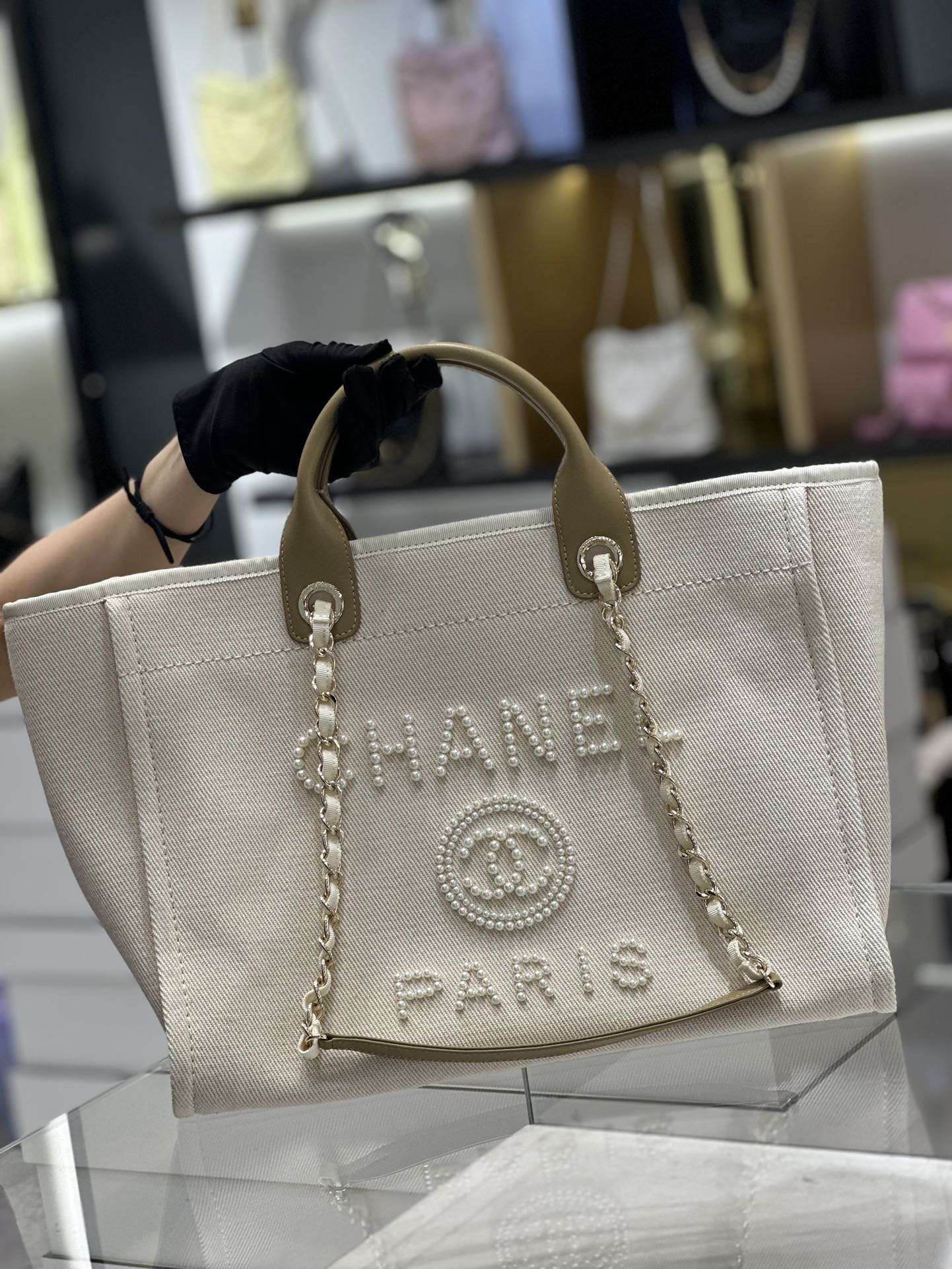 Bagsaaa Ch**el Natural Canvas and Tan Leather Large Pearl Deauville Tote - 30*39*22cm