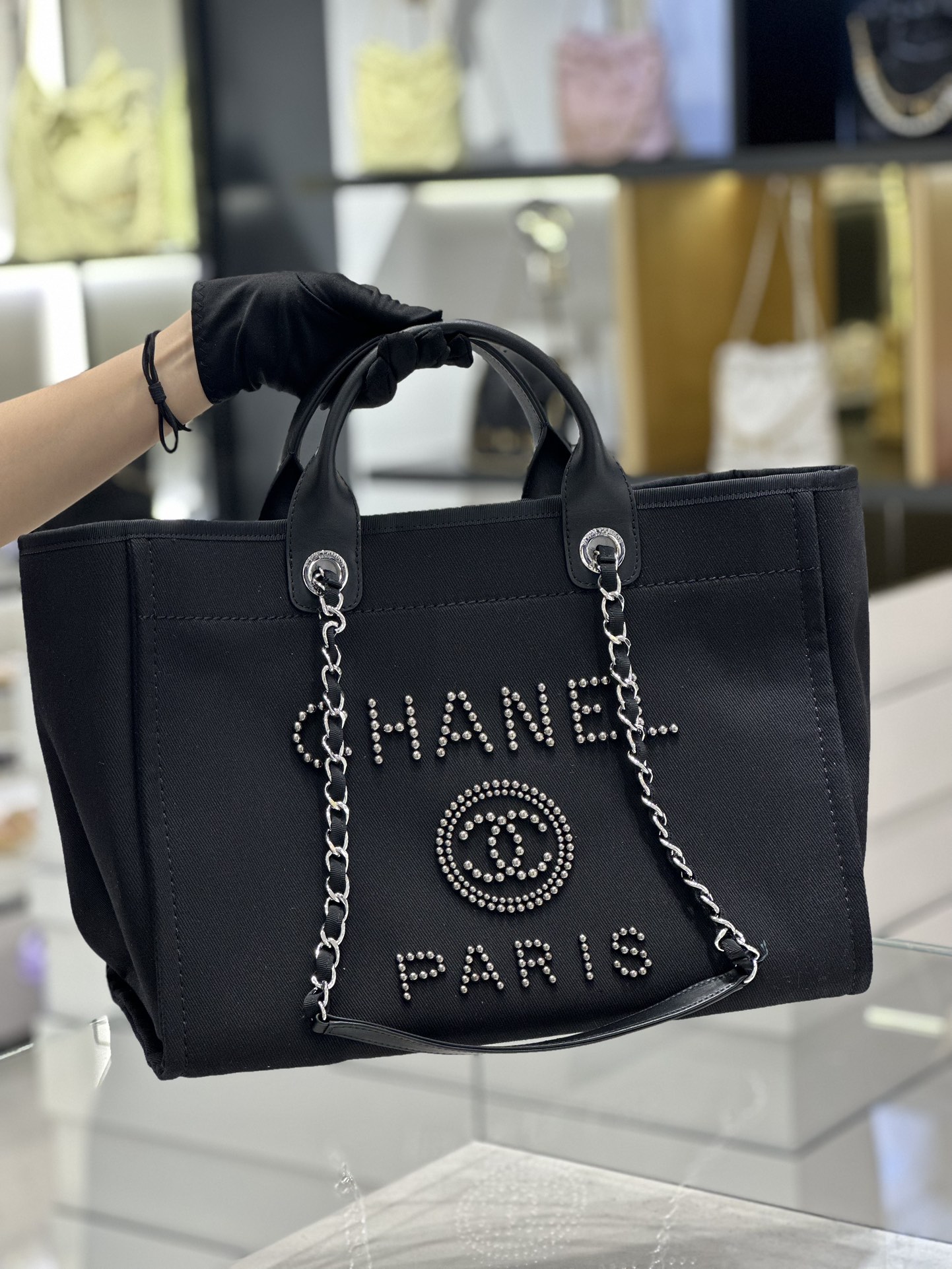 Bagsaaa Ch**el Natural Canvas and Black Leather Large Pearl Deauville Tote - 30*39*22cm