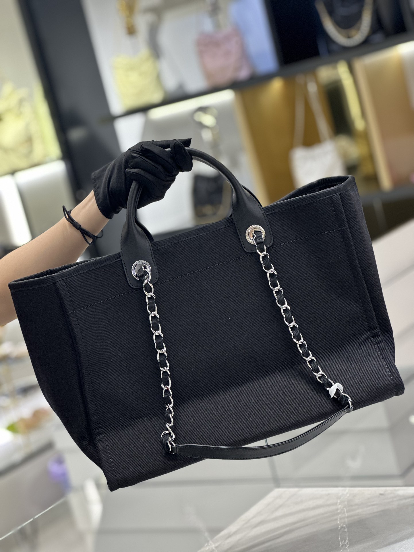 Bagsaaa Ch**el Natural Canvas and Black Leather Large Pearl Deauville Tote - 30*39*22cm