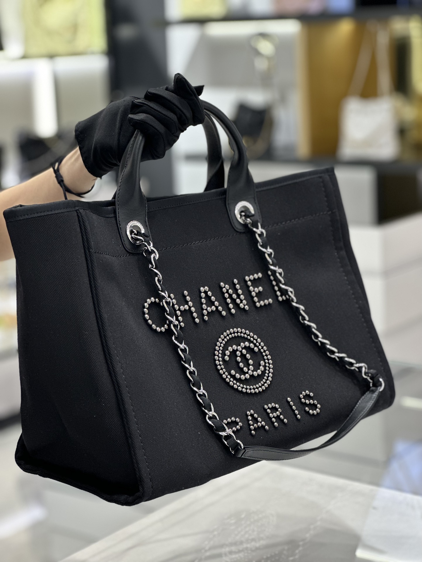Bagsaaa Ch**el Natural Canvas and Black Leather Large Pearl Deauville Tote - 30*39*22cm