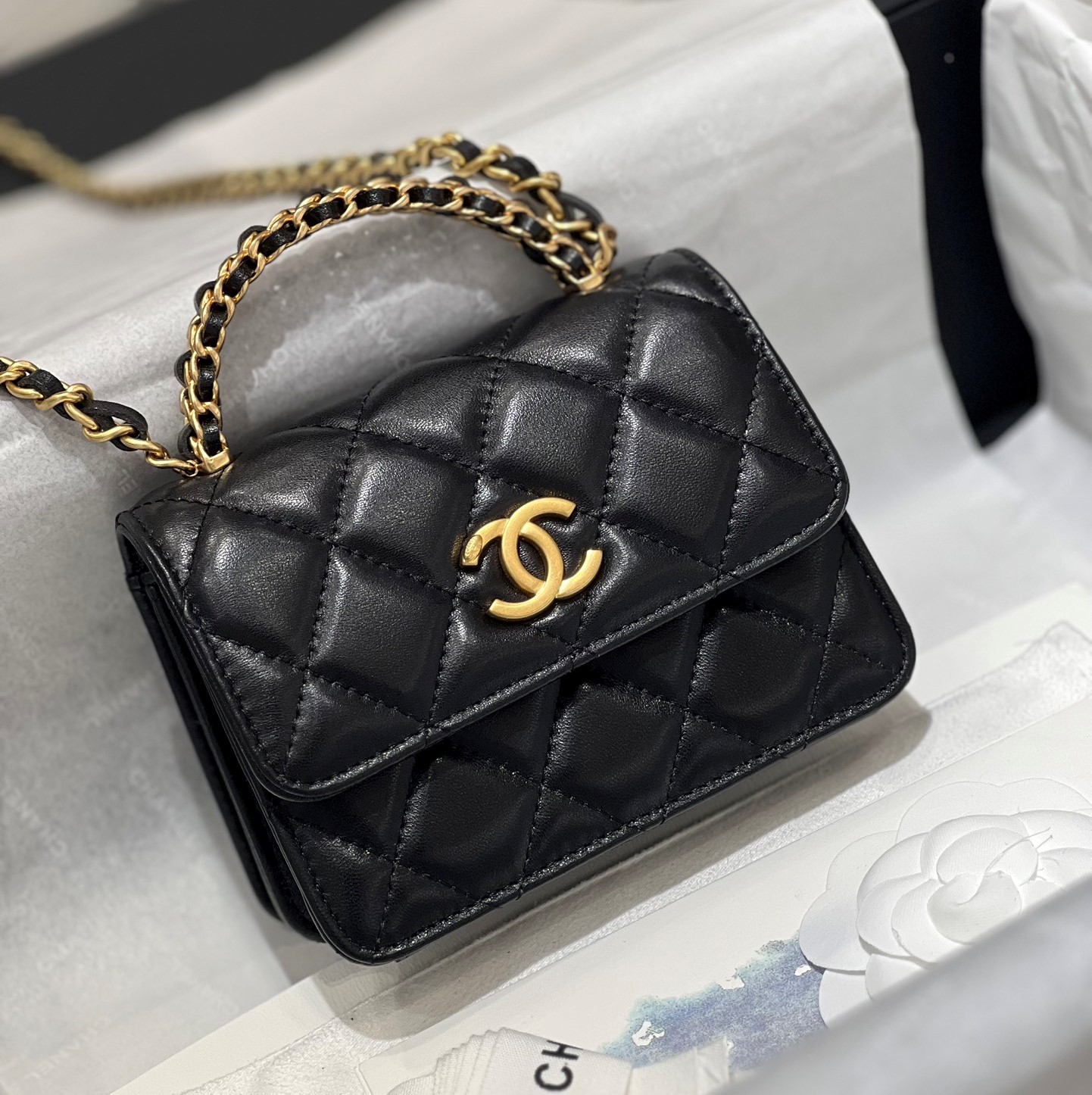 Bagsaaa Ch**el Small Lambskin Flap Black Bag - 12.5x9.5x3.5cm 