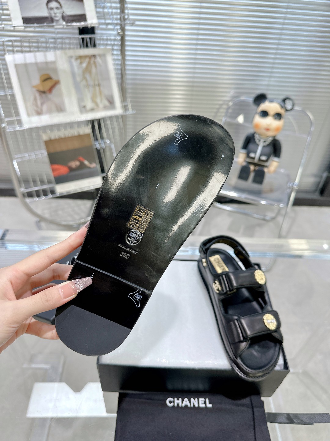 Bagsaaa Ch**el Sandals Lambskin Leather Black