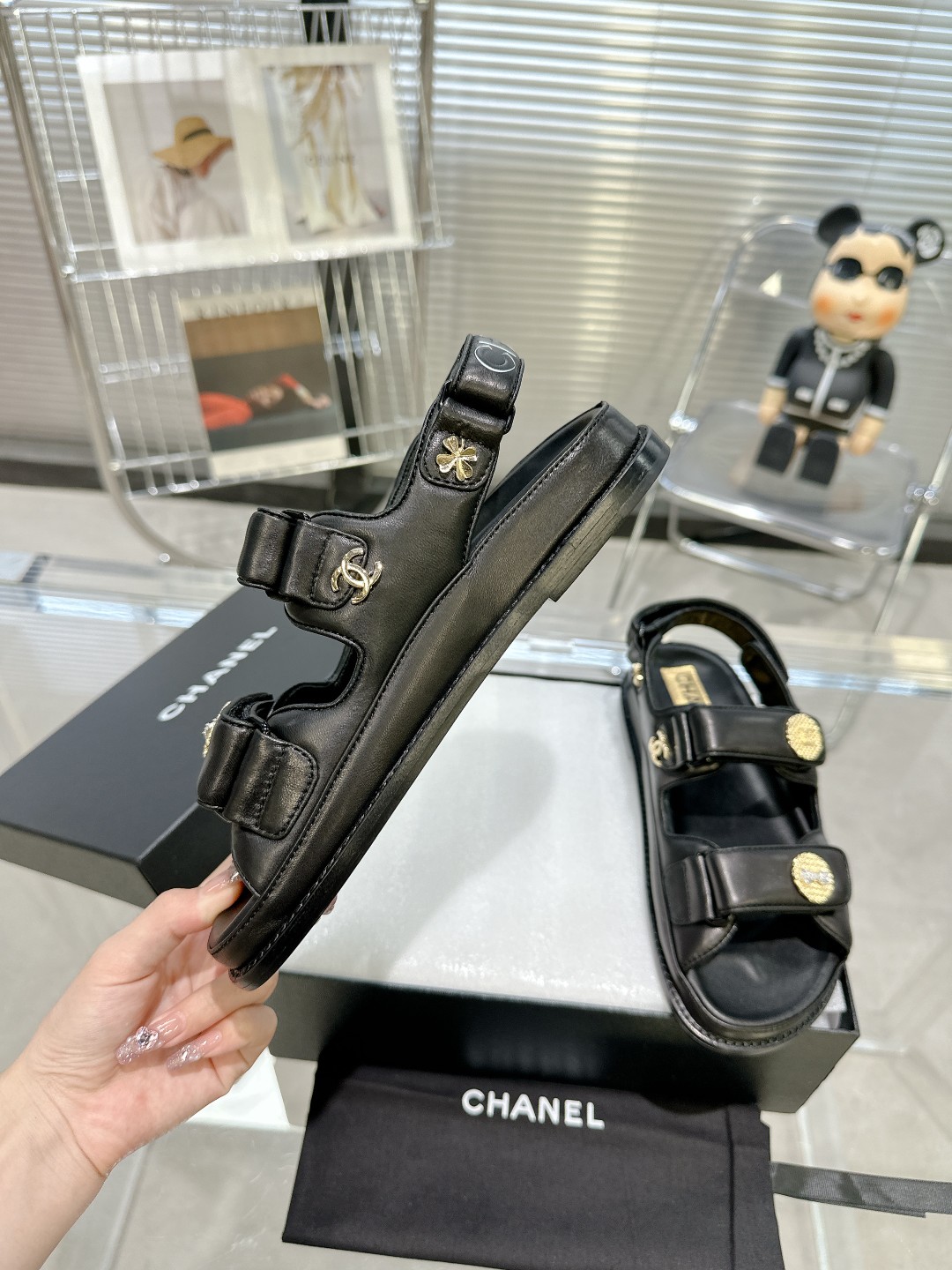 Bagsaaa Ch**el Sandals Lambskin Leather Black