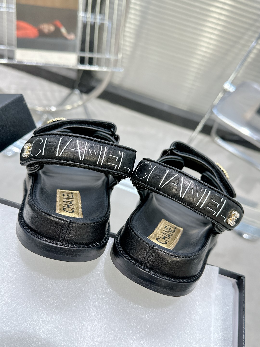 Bagsaaa Ch**el Sandals Lambskin Leather Black