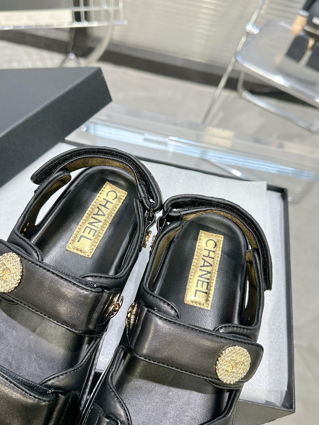 Bagsaaa Ch**el Sandals Lambskin Leather Black