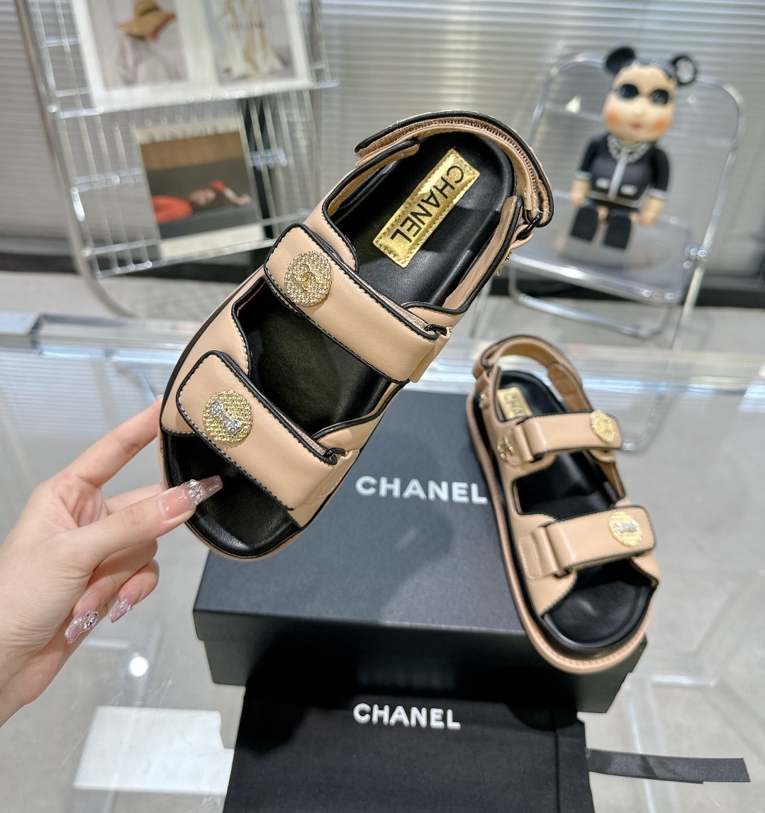 Bagsaaa Ch**el Sandals Lambskin Leather Beige