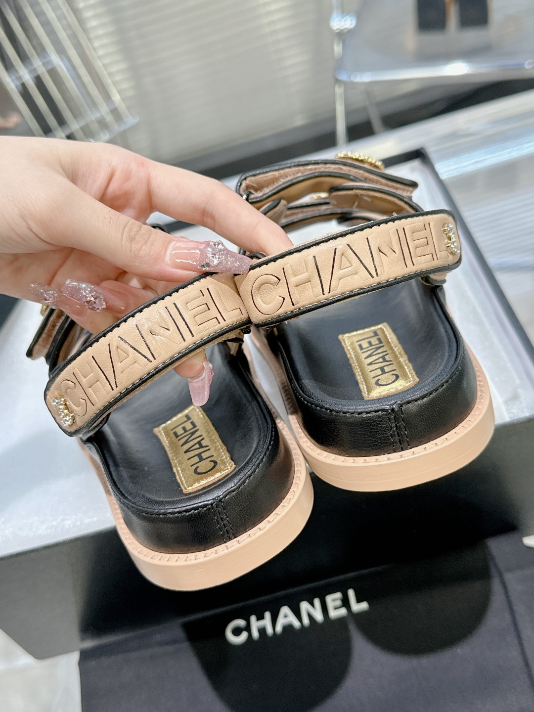 Bagsaaa Ch**el Sandals Lambskin Leather Beige