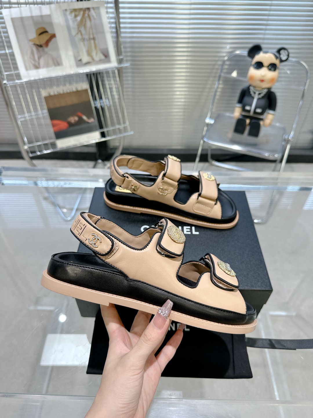 Bagsaaa Ch**el Sandals Lambskin Leather Beige