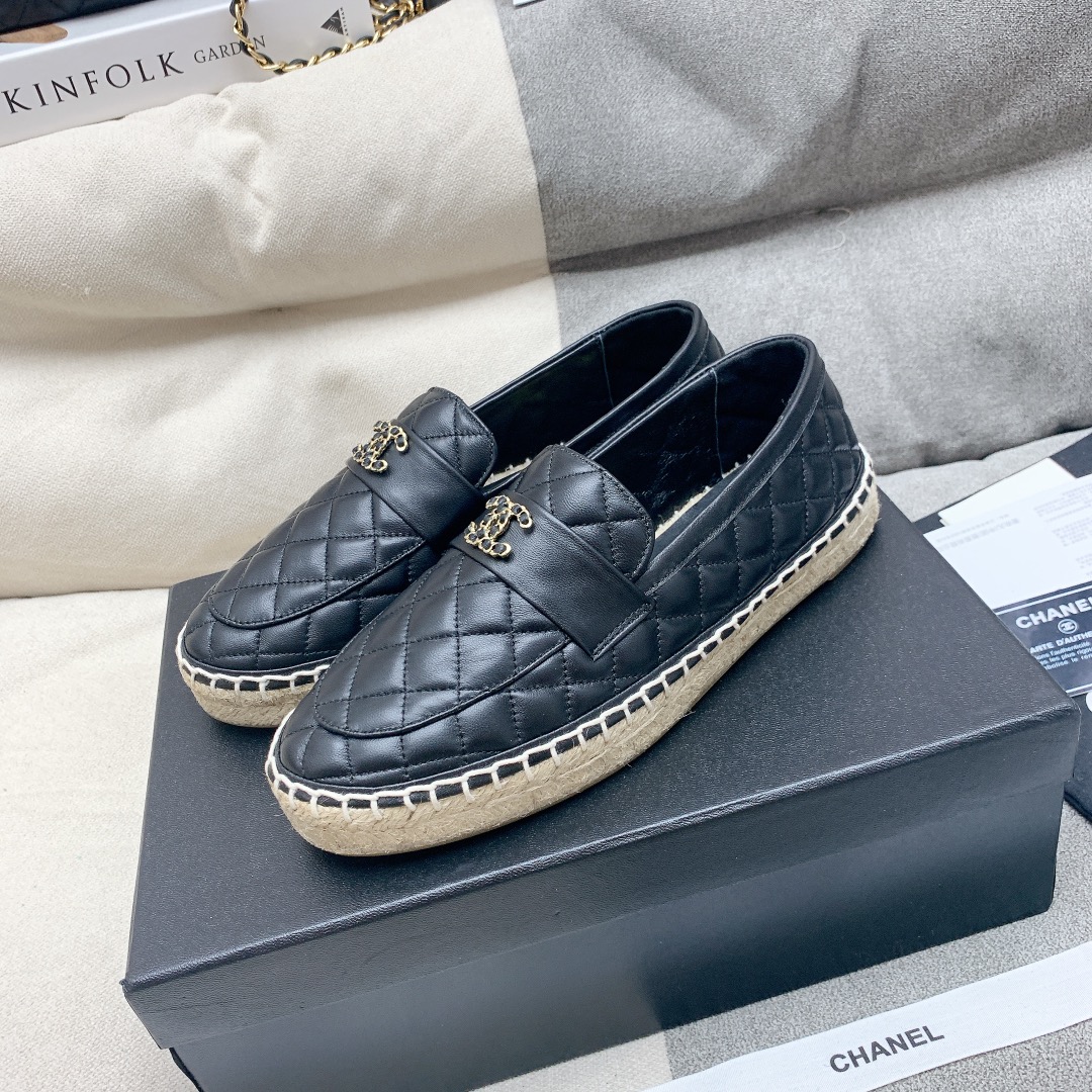 Bagsaaa Ch**el Espadrilles Shoes Quilted Leather Black 